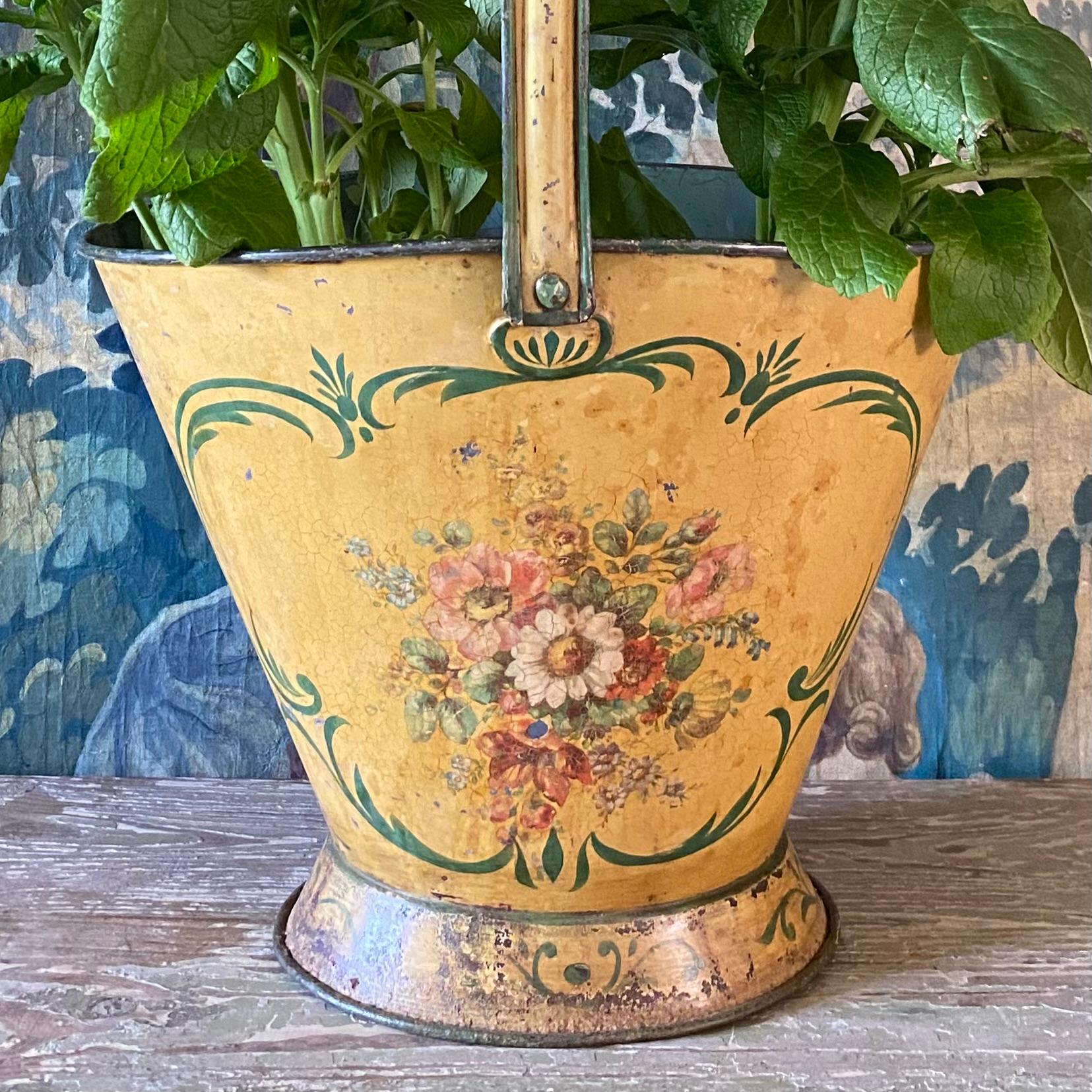 Hand-Painted Large Tole Flower Basket For Sale