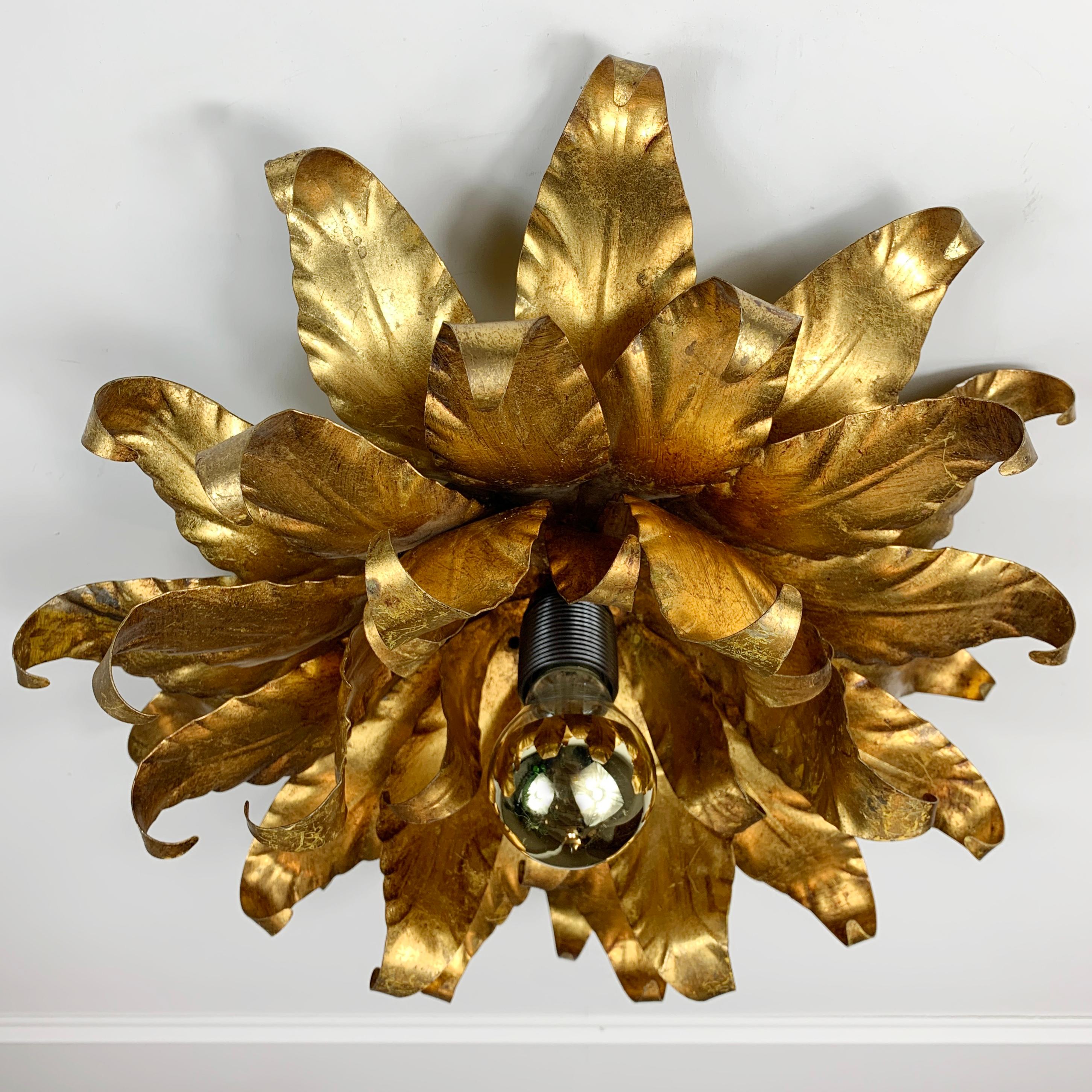 Hollywood Regency Large Toleware Italian Gold Flower Light, 1960s For Sale