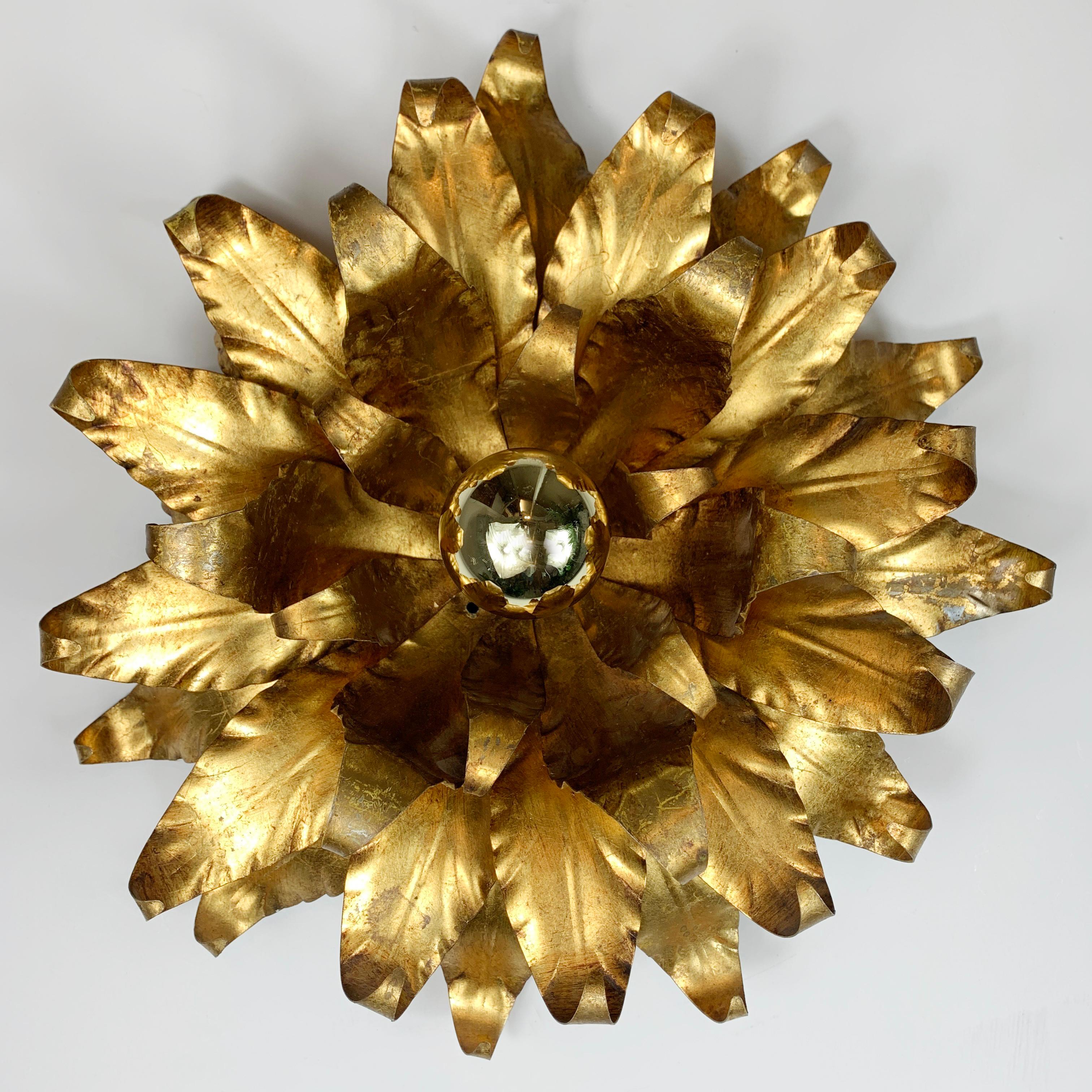 Mid-20th Century Large Toleware Italian Gold Flower Light, 1960s For Sale
