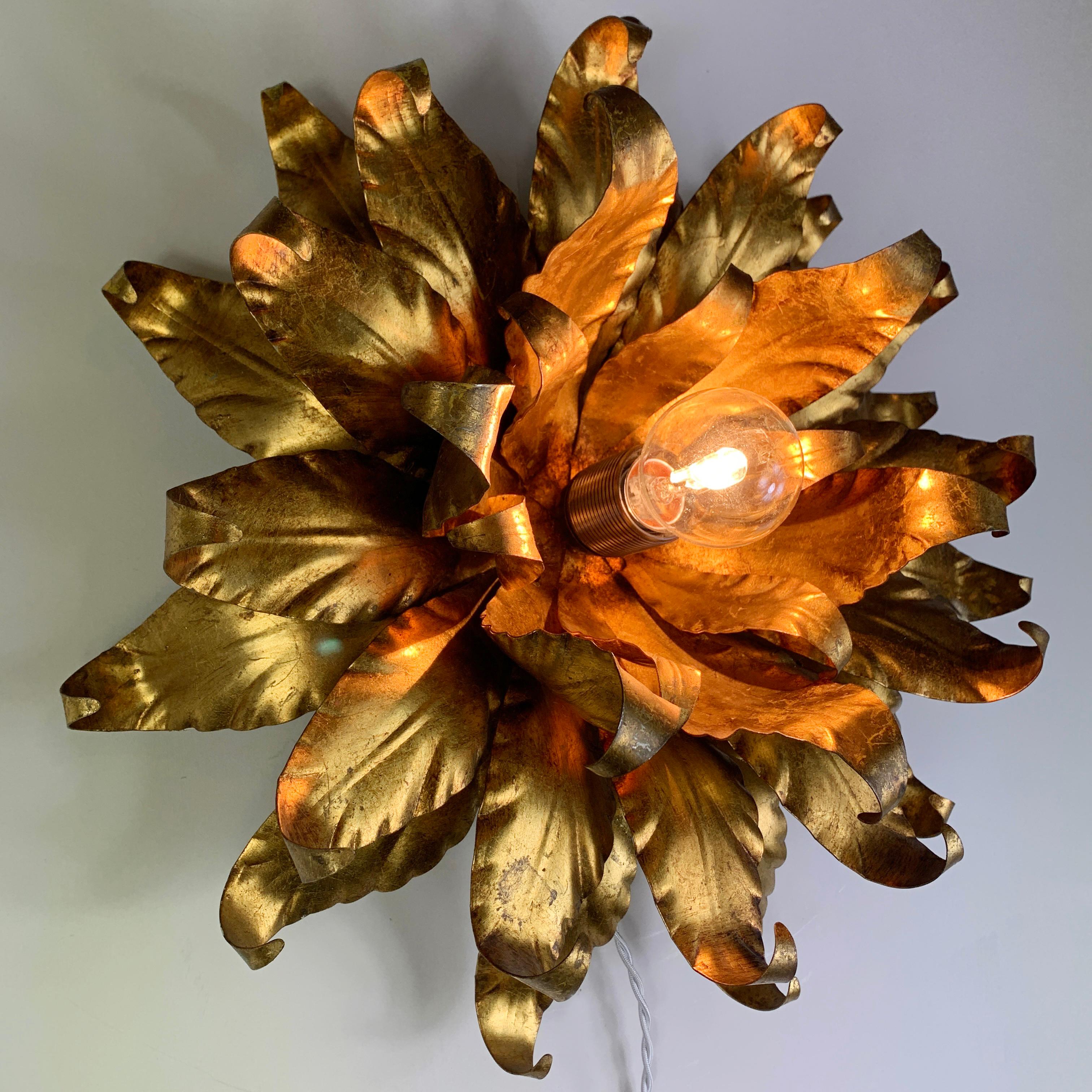 Metal Large Toleware Italian Gold Flower Light, 1960s For Sale