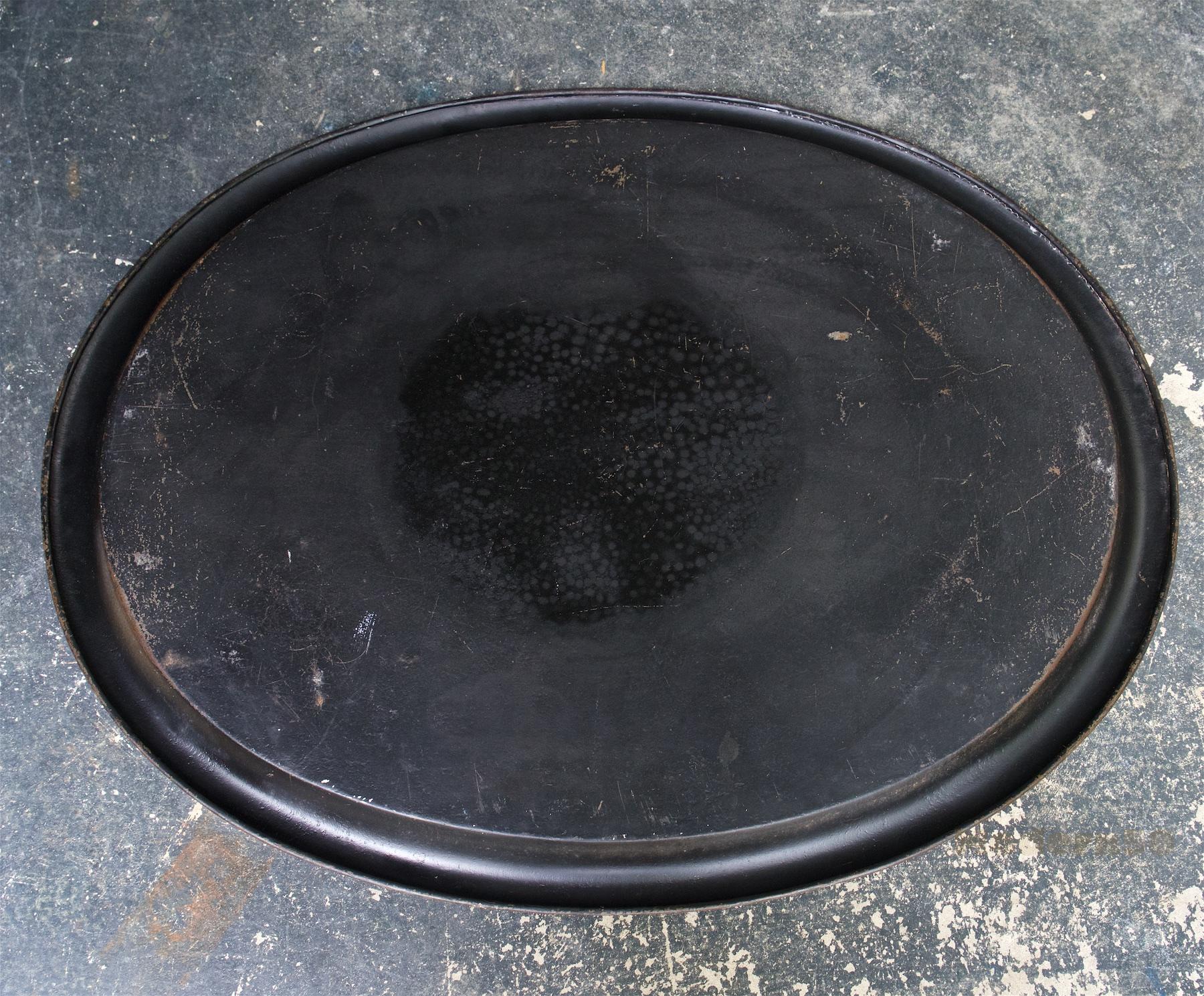 Large Toleware Tray Hand Painted Late 19th Century Floral and Black Steel 5