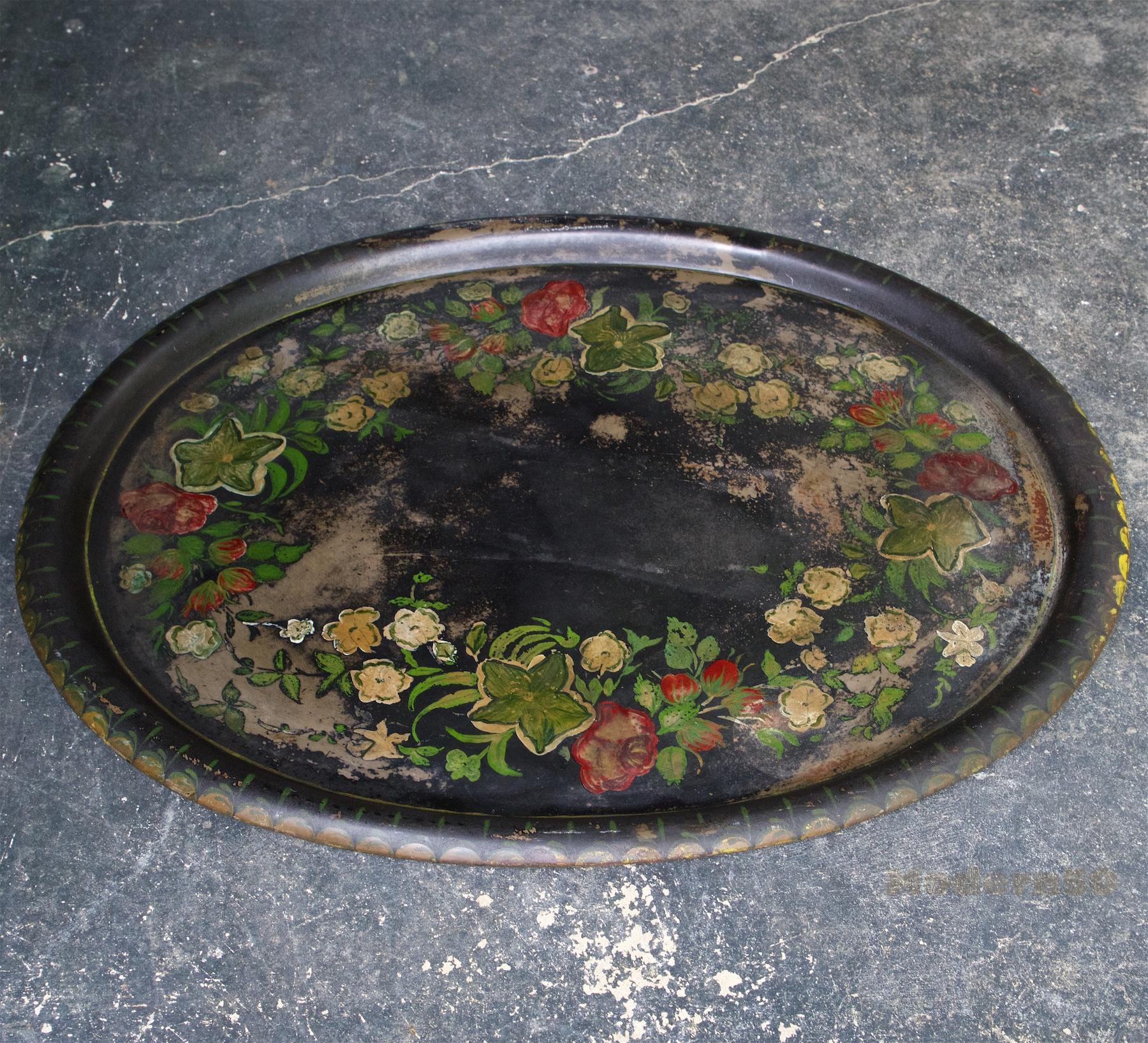 Late Victorian Large Toleware Tray Hand Painted Late 19th Century Floral and Black Steel