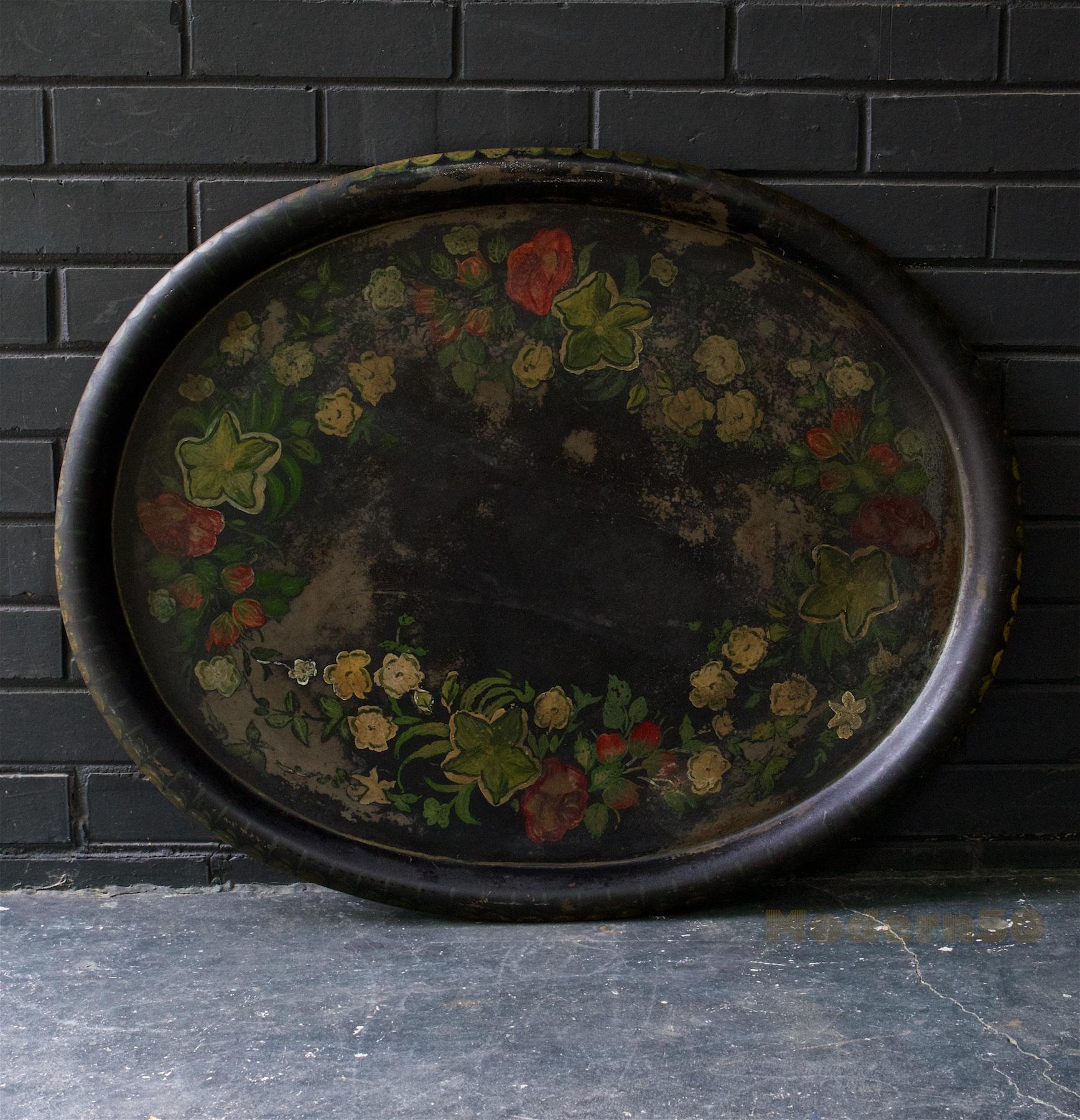 American Large Toleware Tray Hand Painted Late 19th Century Floral and Black Steel