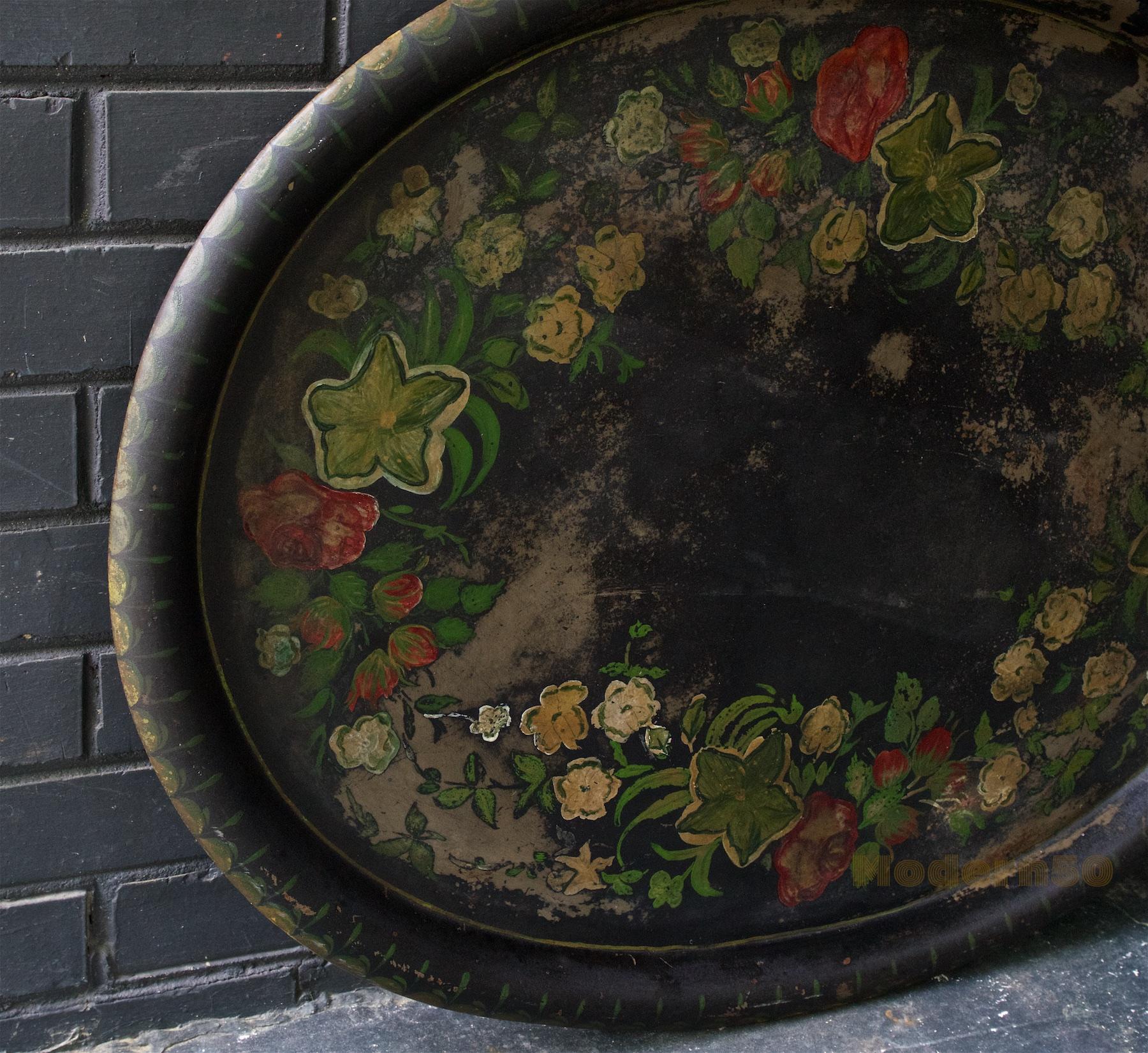 Hand-Painted Large Toleware Tray Hand Painted Late 19th Century Floral and Black Steel