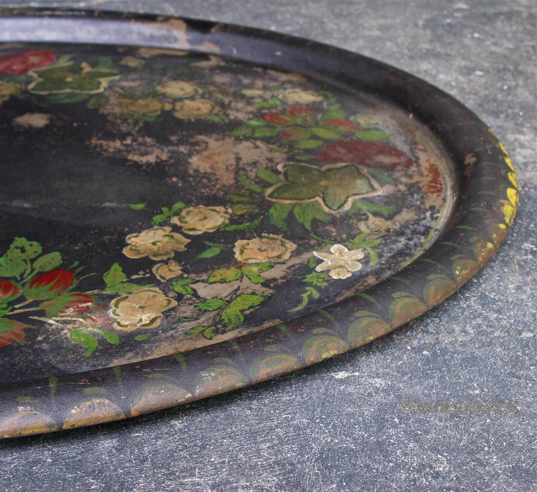 Large Toleware Tray Hand Painted Late 19th Century Floral and Black Steel 1