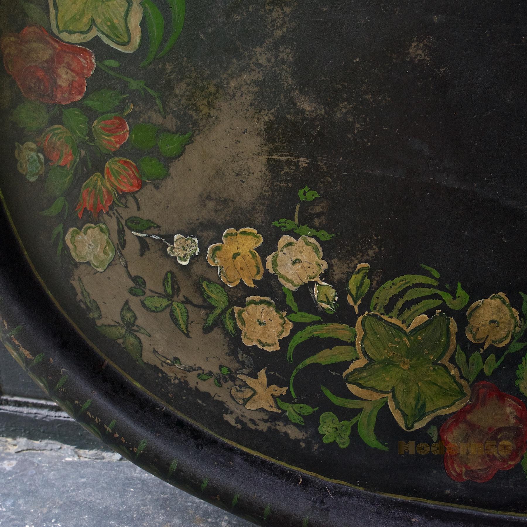 Large Toleware Tray Hand Painted Late 19th Century Floral and Black Steel 2