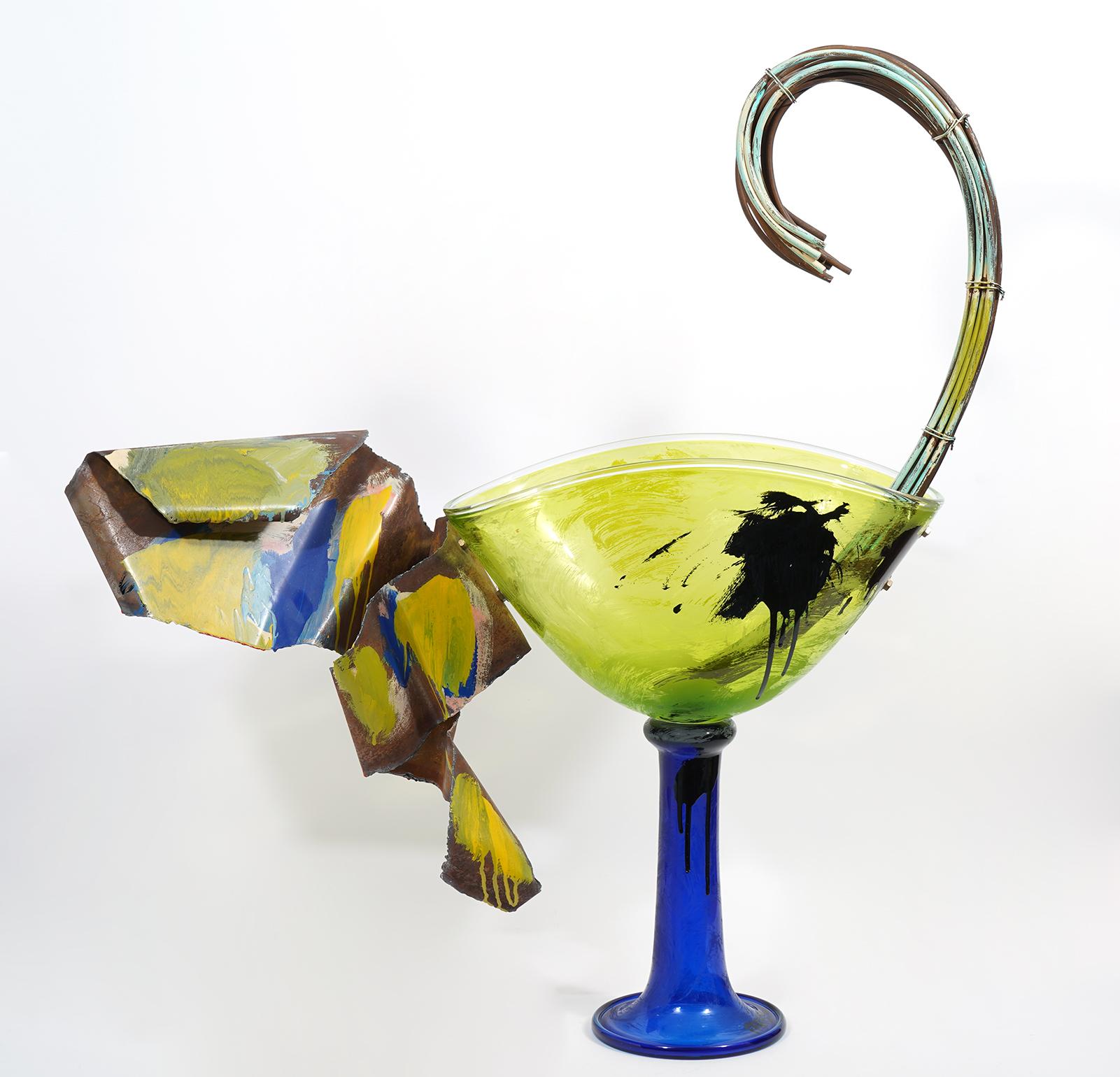 Tom Farbanish (Born 1963) large Art glass vase. Signed and dated 1992. Glass vase with two pieces of metal attach separately.