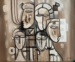Large Tom Hayward Abstract Figural Painting, Cubist Style Faces, Neutral Tones