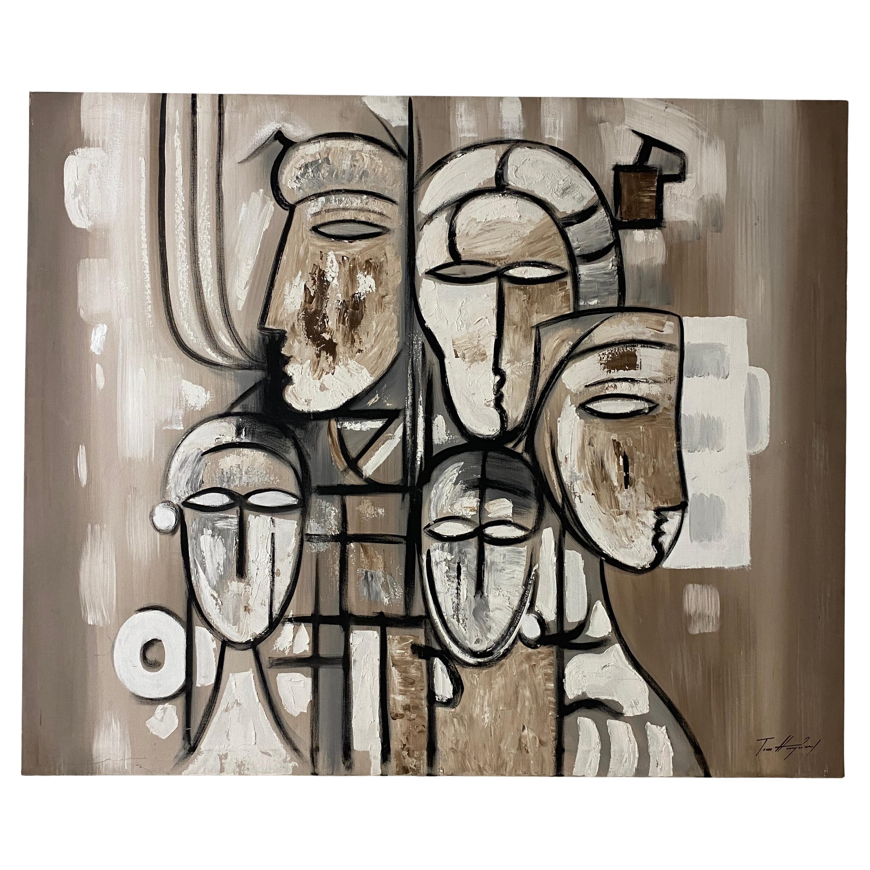 Large Tom Hayward Abstract Figural Painting, Cubist Style Faces, Neutral Tones