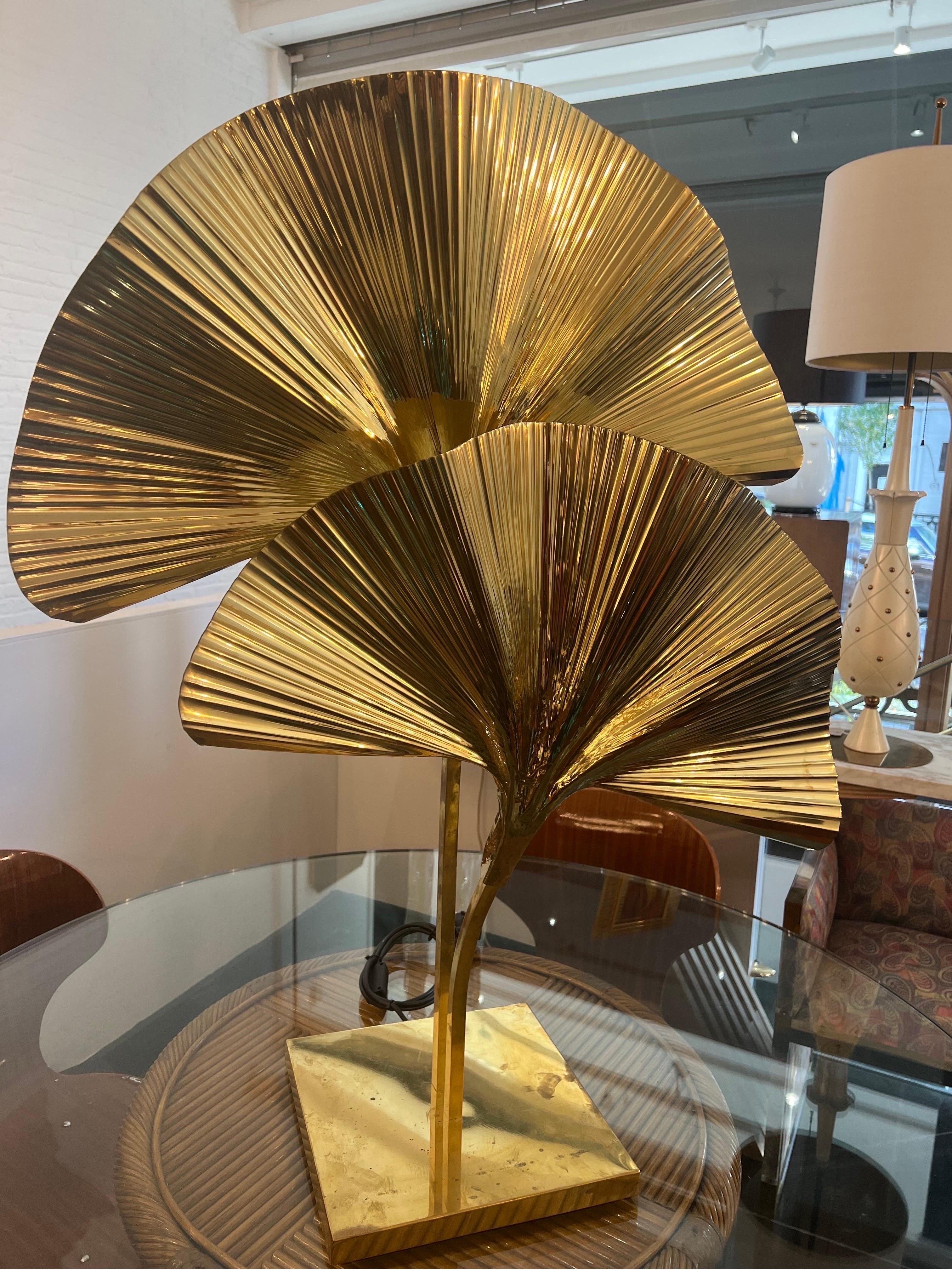 A gorgeous 2 Ginkgo leaf table lamp in hammered brass by Tommaso Barbi C1970s Italy.