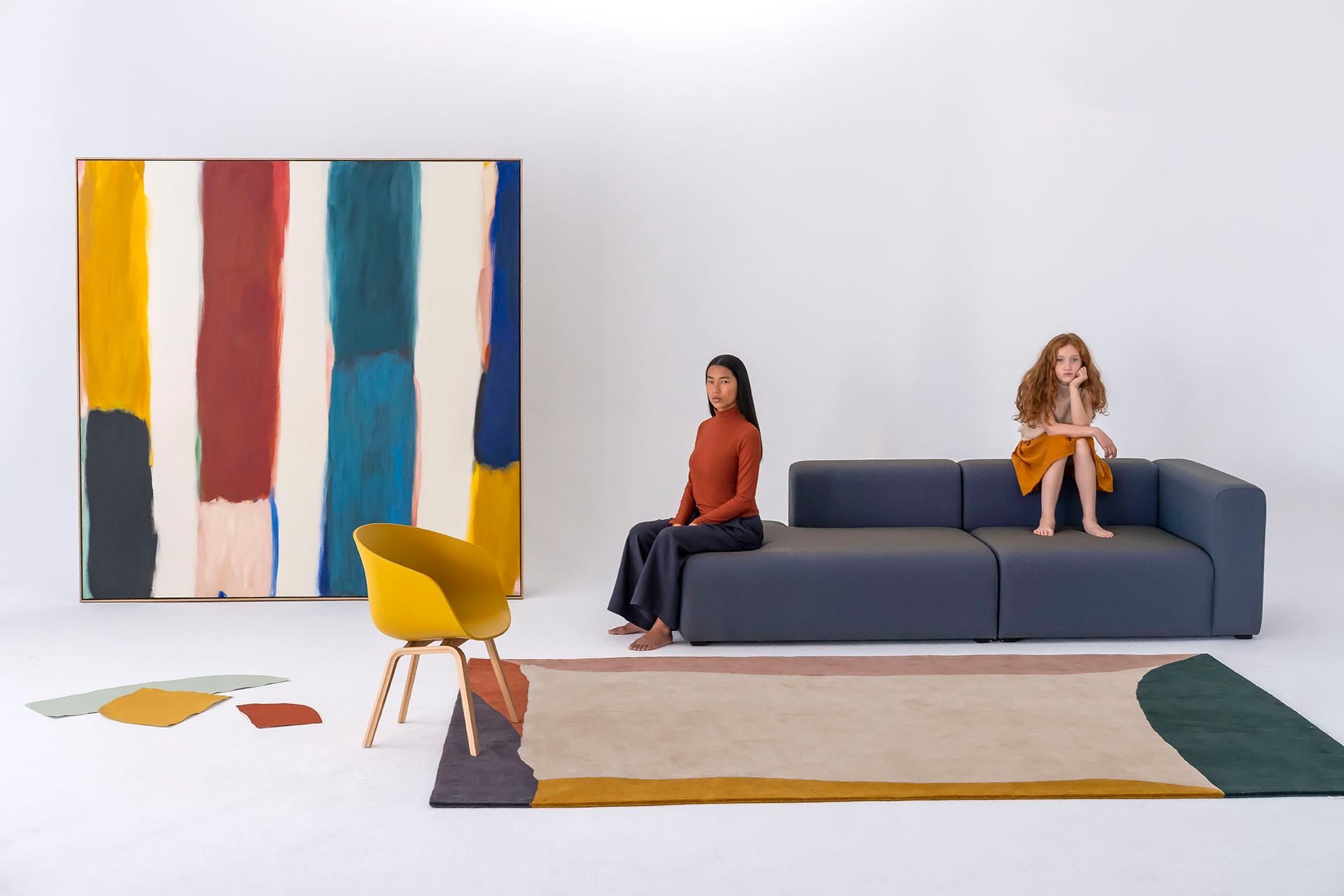 Large 'Tones 3' Kilim rug by Clàudia Valsells for Nanimarquina.

Executed in 100% hand-loomed New Zealand wool. These rugs aim to bring a distinctive, harmonious, and sensitive touch, with color as their primary tool. The collection is based on a