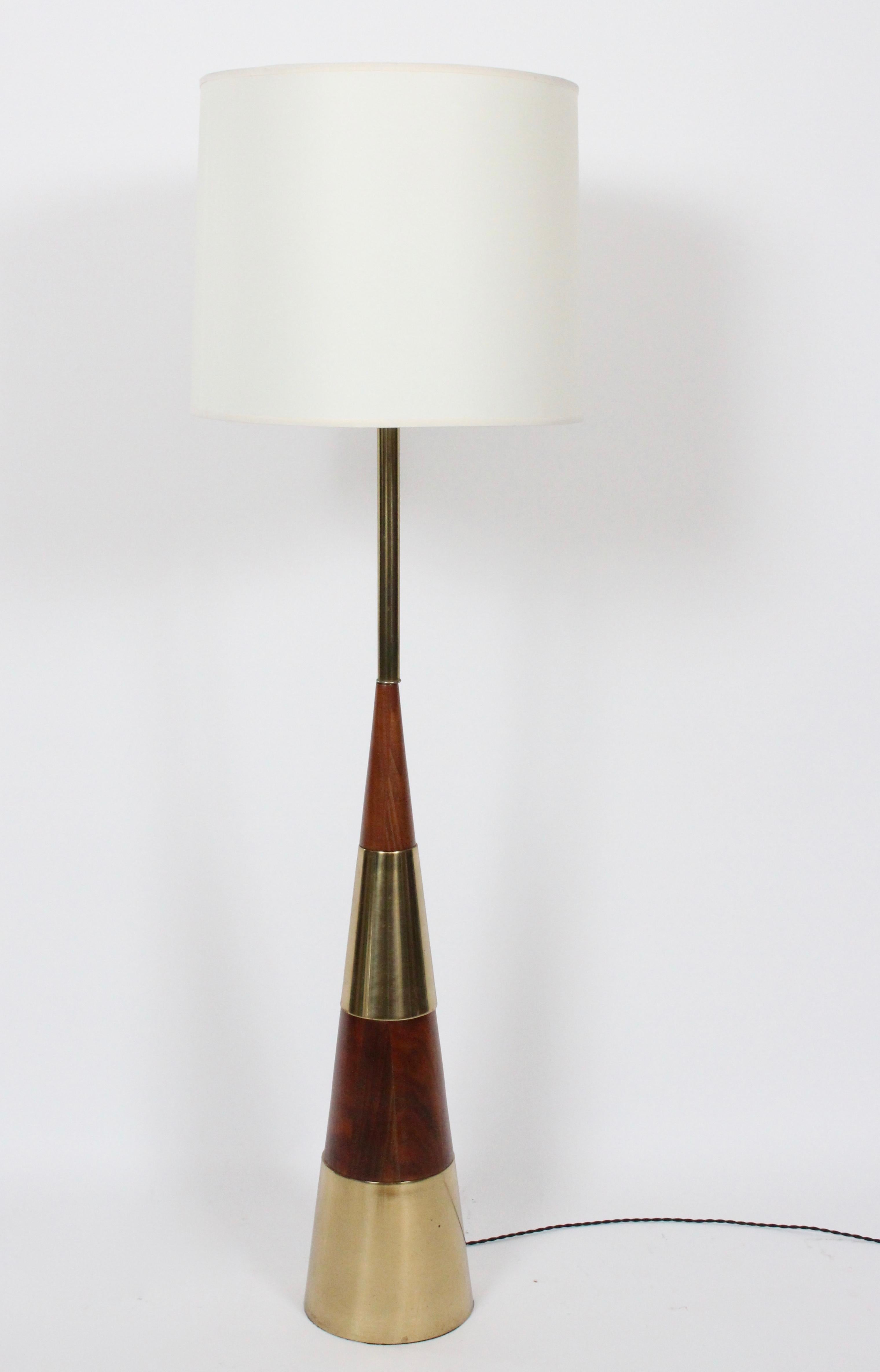 Tall Tony Paul for Westwood Stacked Walnut and Swedish Brass Floor Lamp For Sale 9
