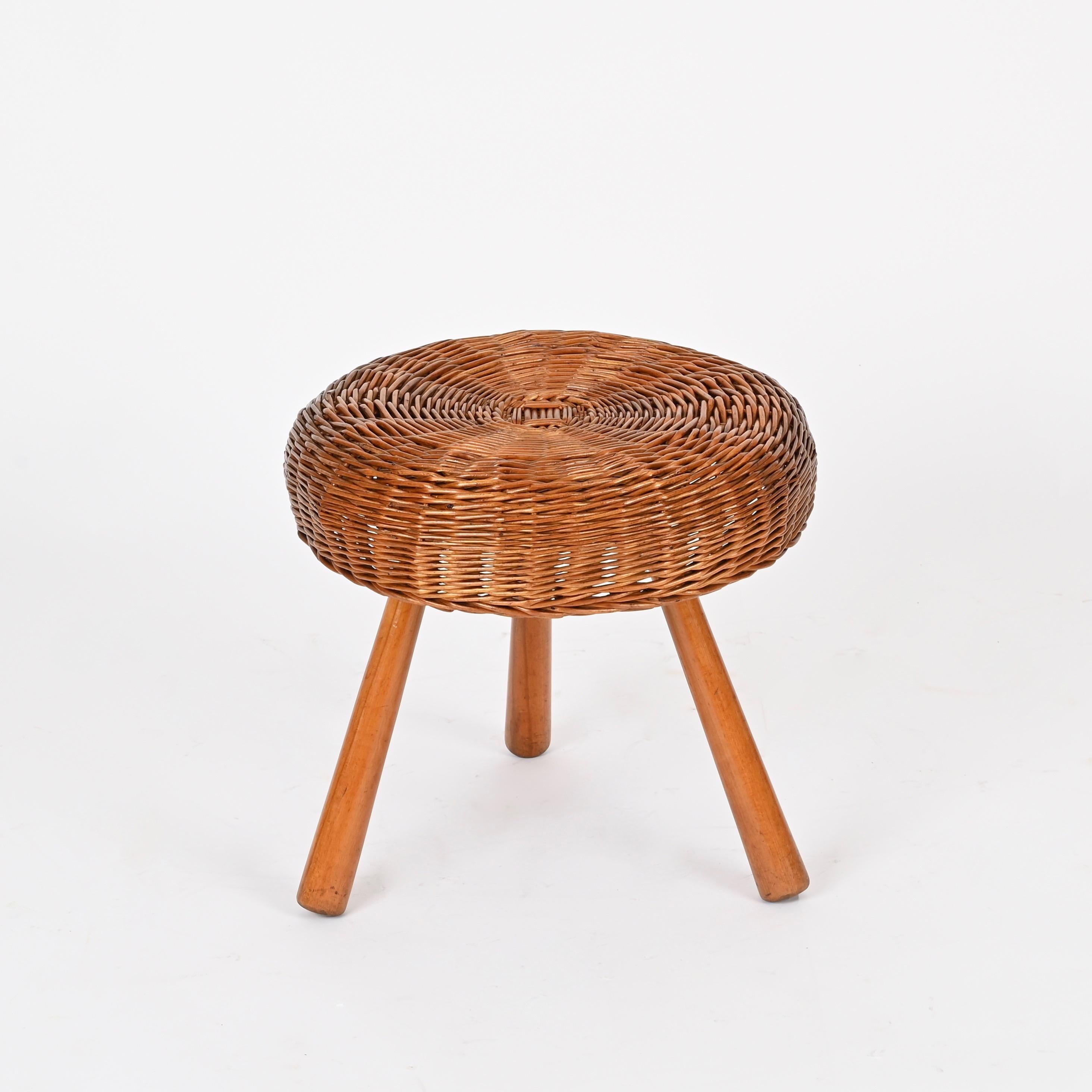 Large Tony Paul Stool or Side Table in Wicker and Wood, United States, 1950s For Sale 3