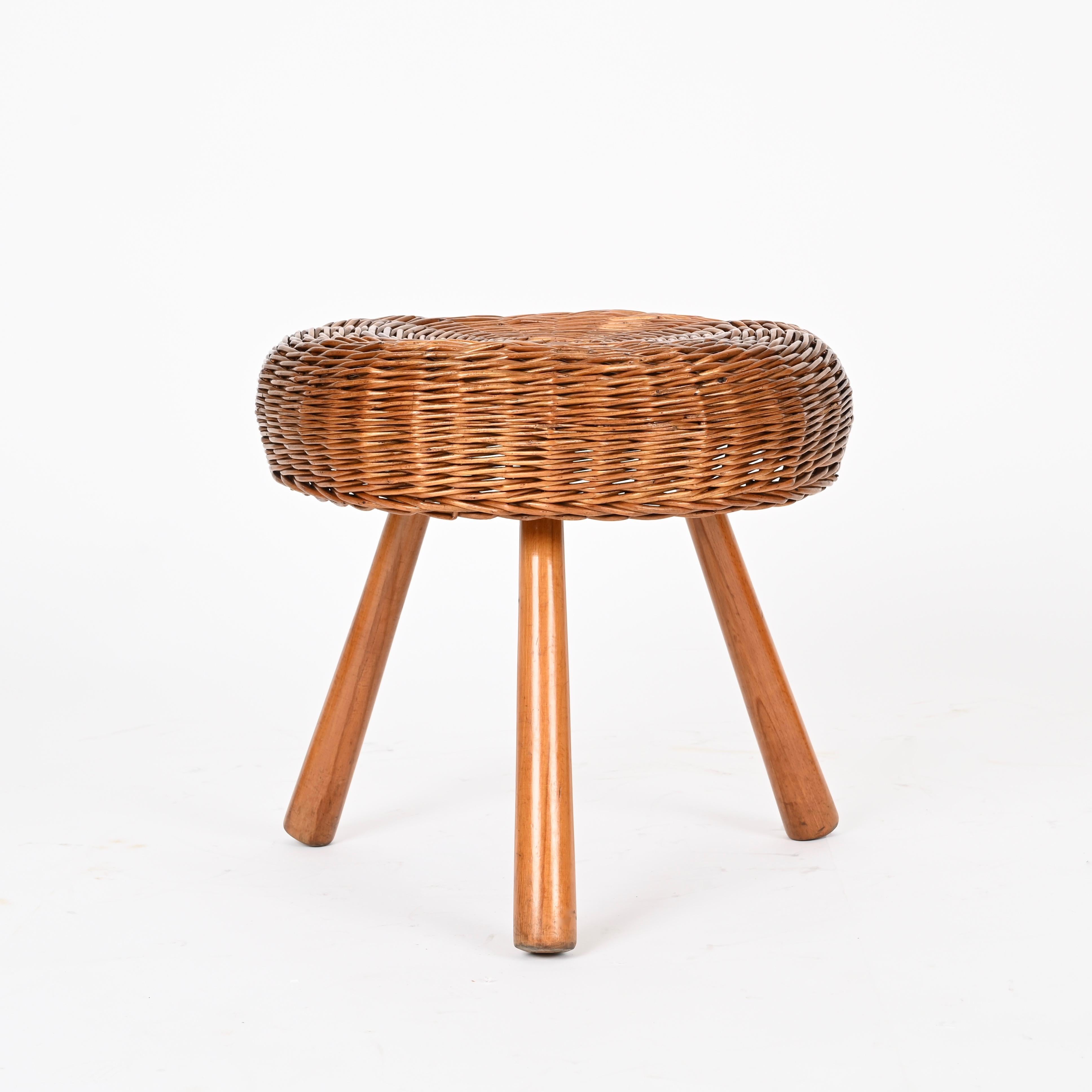 Large Tony Paul Stool or Side Table in Wicker and Wood, United States, 1950s For Sale 6
