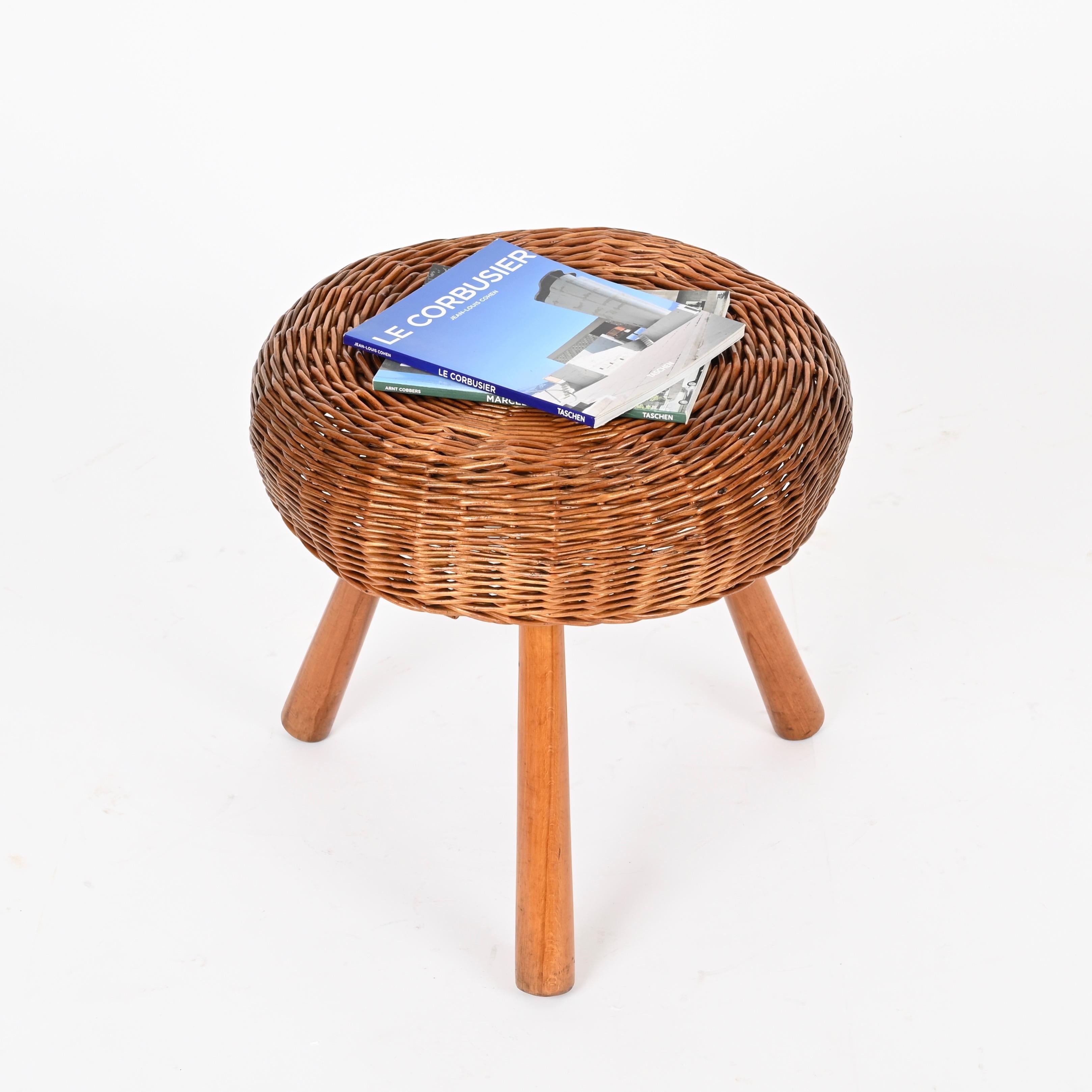 Mid-Century Modern Large Tony Paul Stool or Side Table in Wicker and Wood, United States, 1950s For Sale