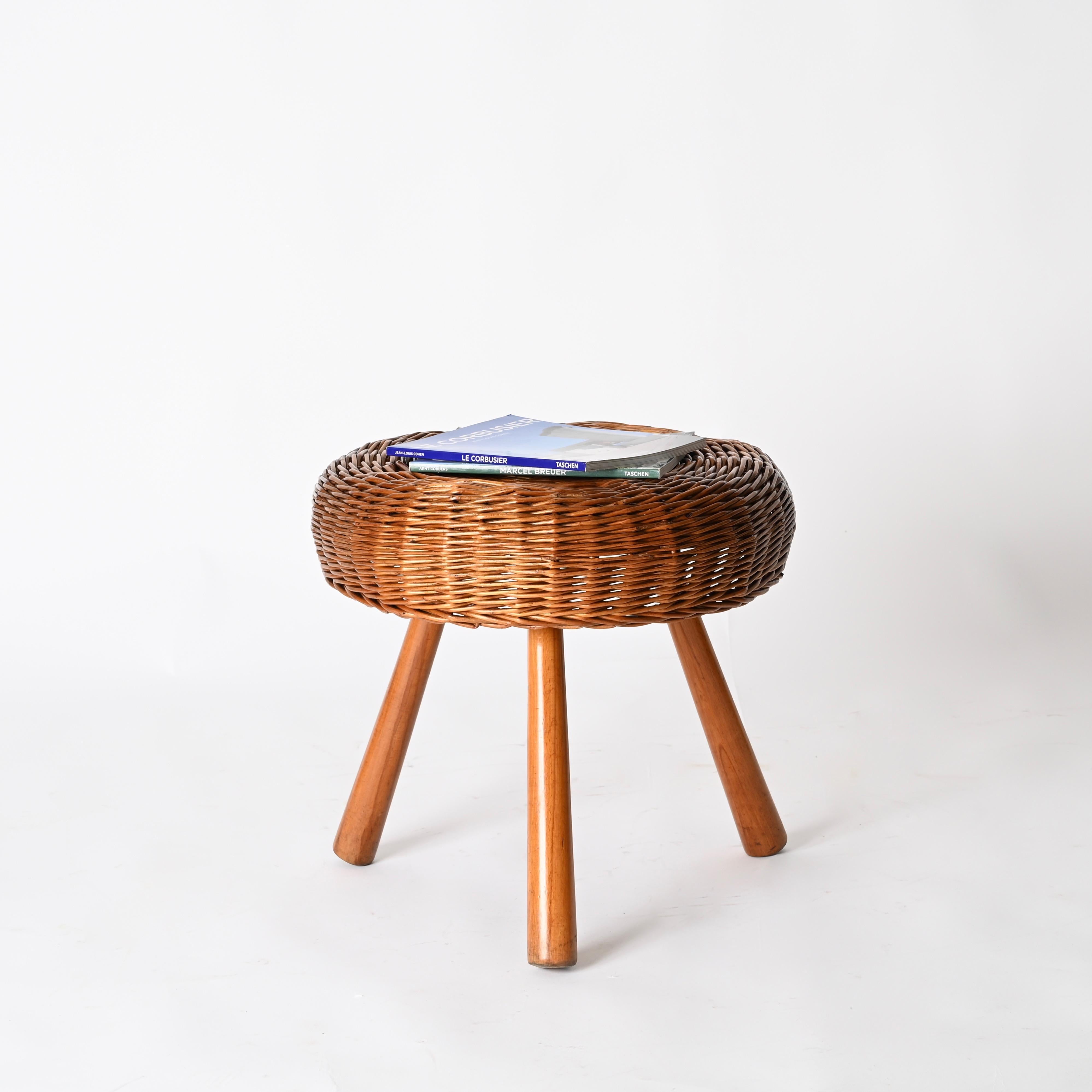 American Large Tony Paul Stool or Side Table in Wicker and Wood, United States, 1950s For Sale