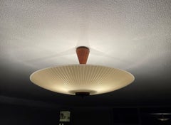 Large & Top Condition 3 Light Midcentury Modern Glass Flush Mount with Teakwood