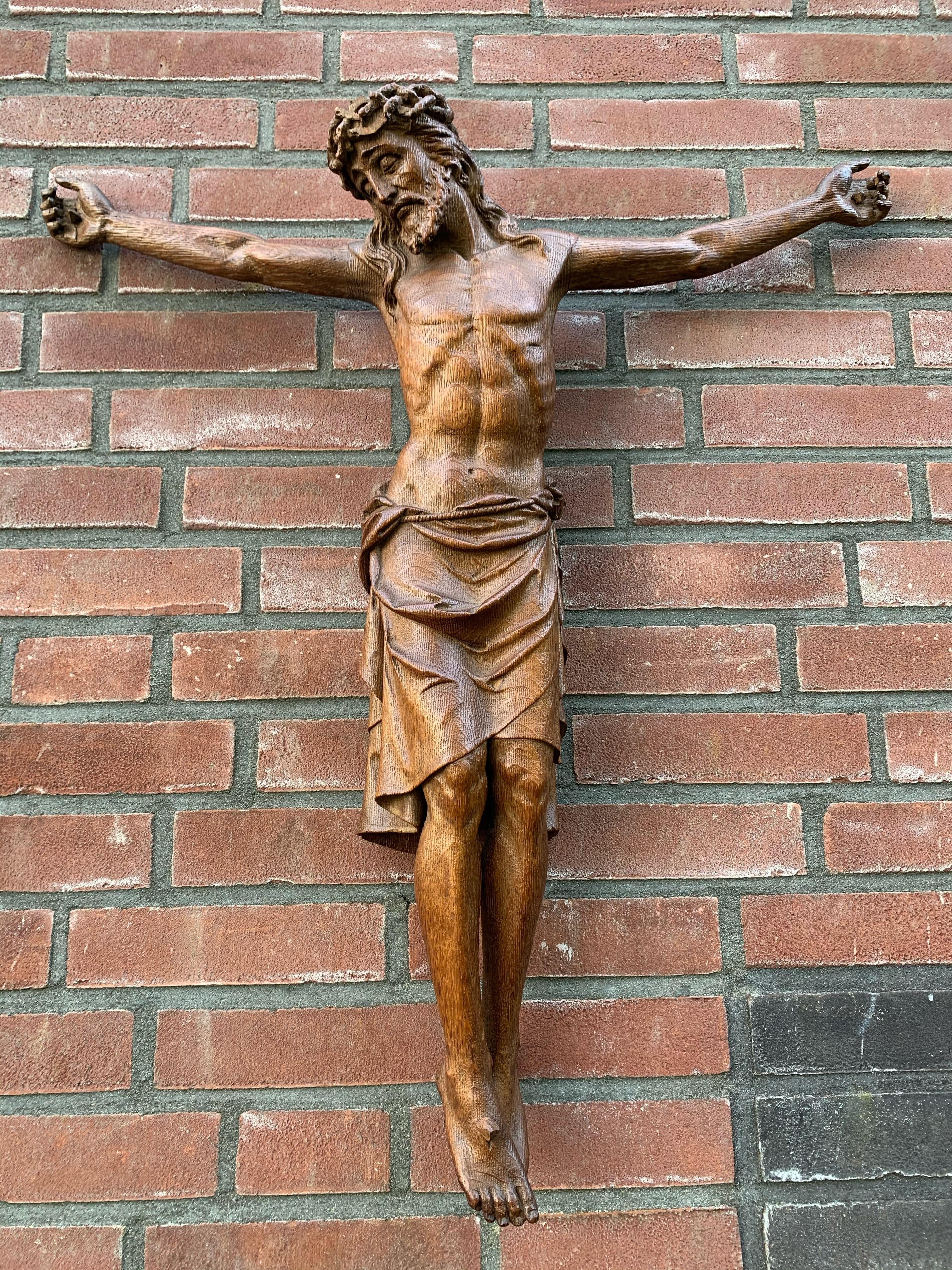 Stunning, one of a kind wooden corpus of Christ.

The meaning of this antique sculpture obviously needs no explanation. However, not everybody looks at the corpus of Christ with the same ideas and emotions. And each individual may also have