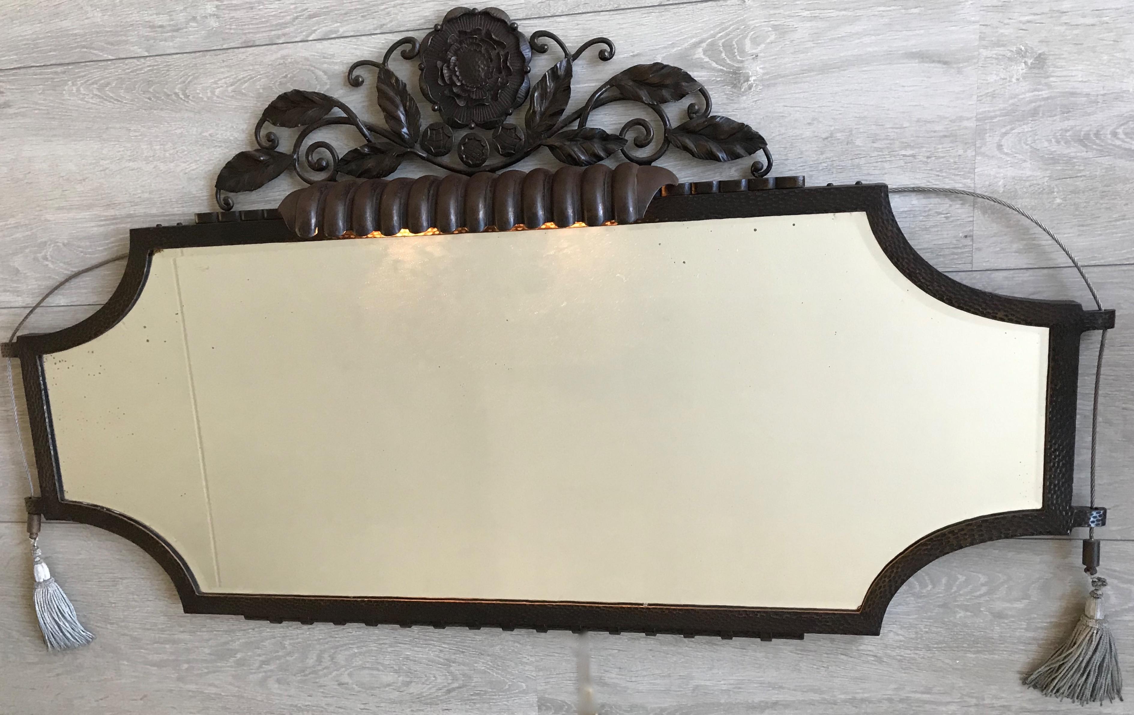 Large & Top Quality French Art Deco Wrought Iron Wall Mirror with Built-In Light 13