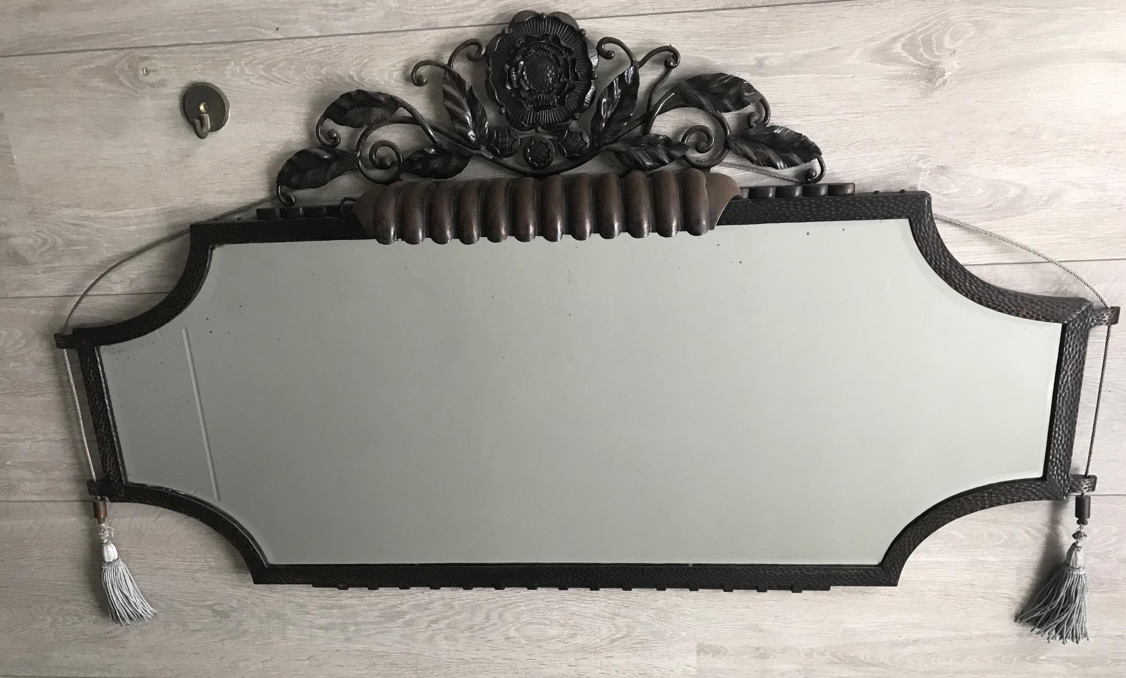 Beveled Large & Top Quality French Art Deco Wrought Iron Wall Mirror with Built-In Light