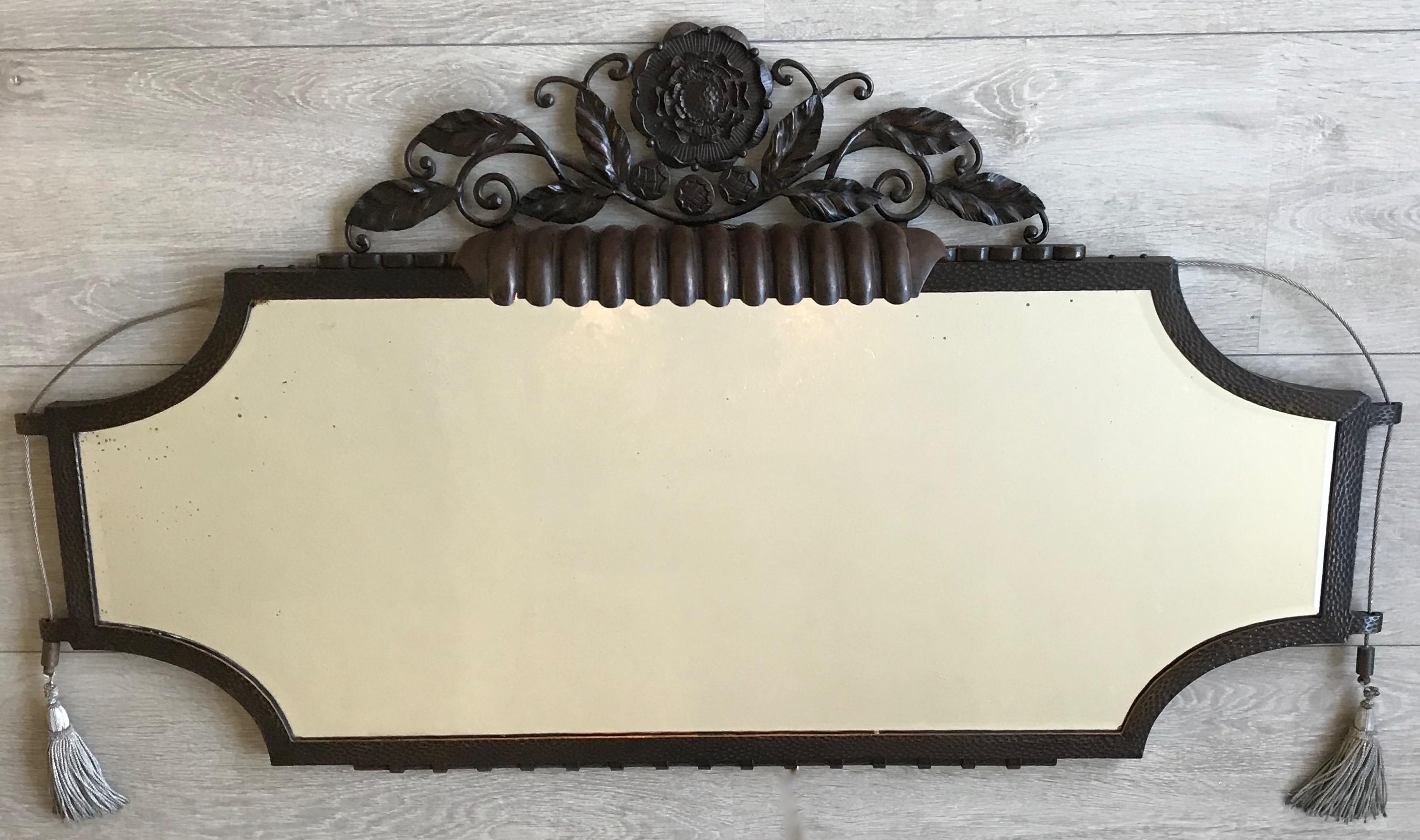 Large & Top Quality French Art Deco Wrought Iron Wall Mirror with Built-In Light 1