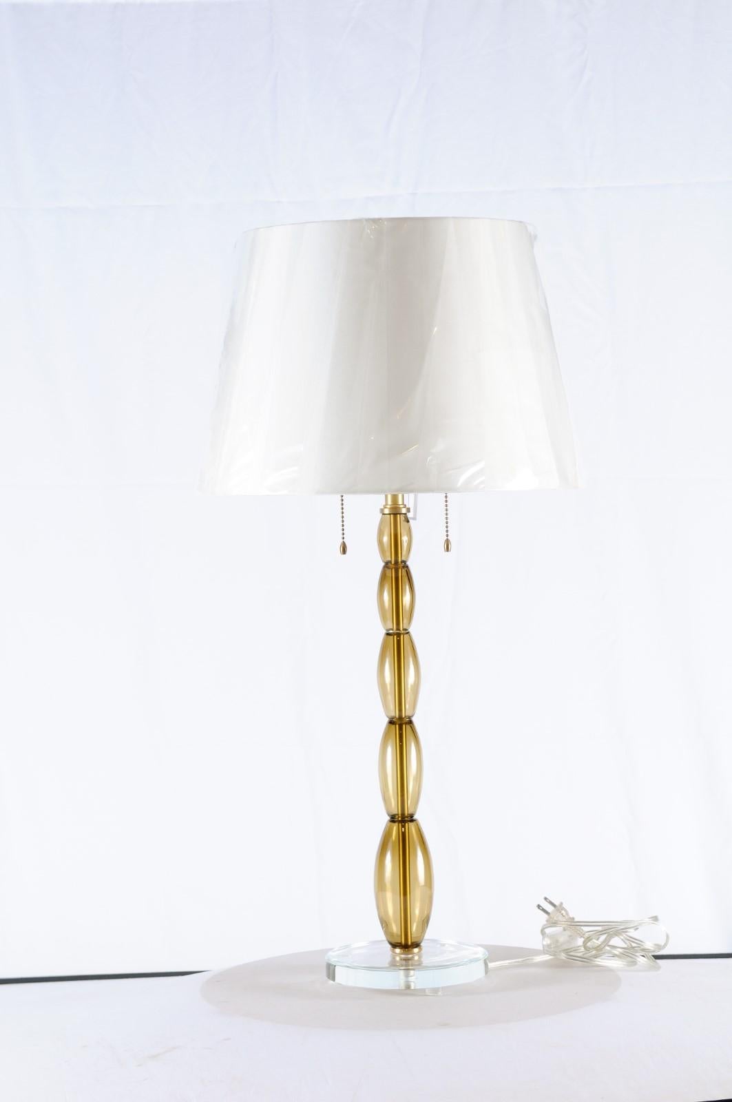 The large topaz beaded table lamp by Barbara Barry for baker. Hand blown smokey brown Murano glass beads mounted on clear crystal base.