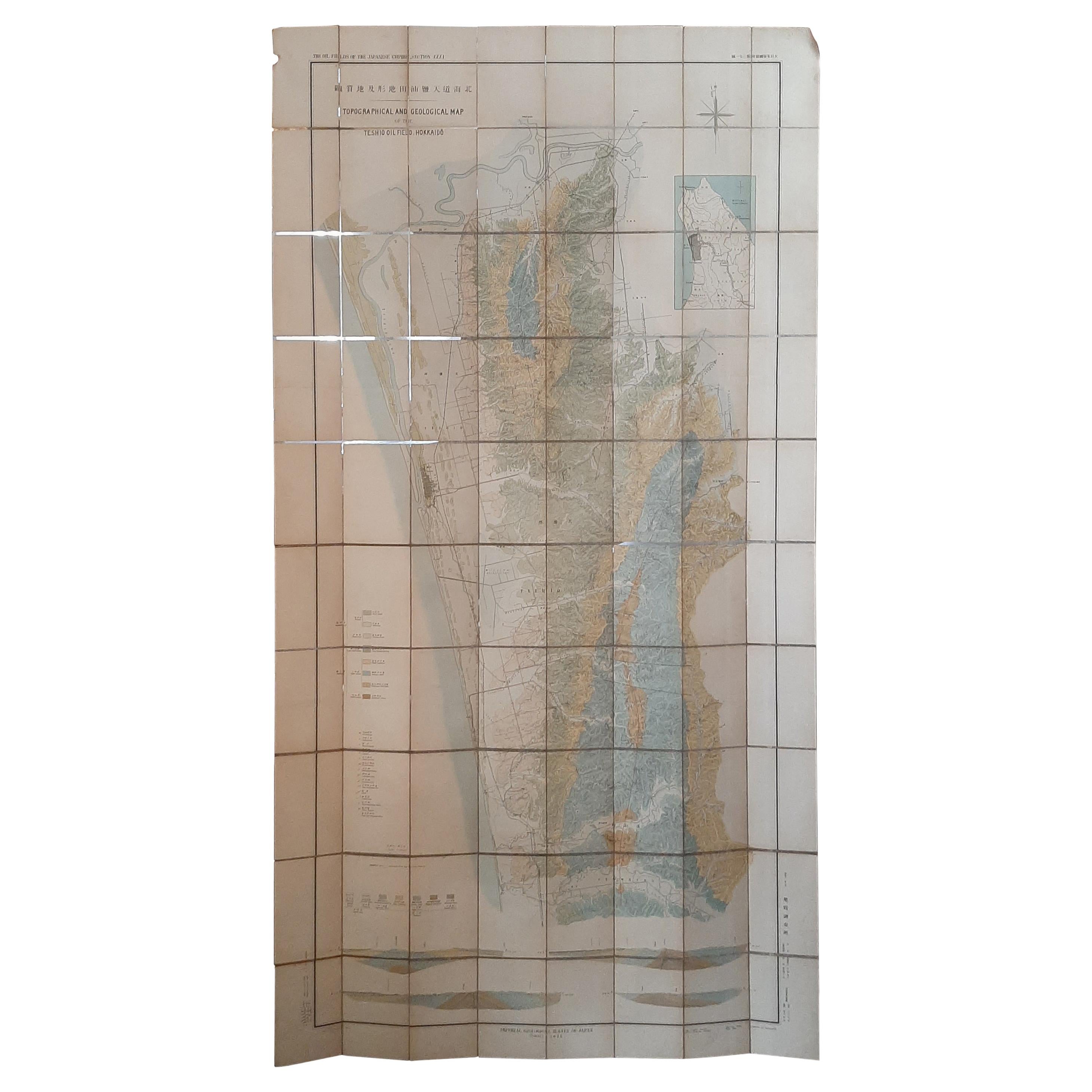 Large Topographical and Geological Map of the Teshio Oil Field, '1936' For Sale
