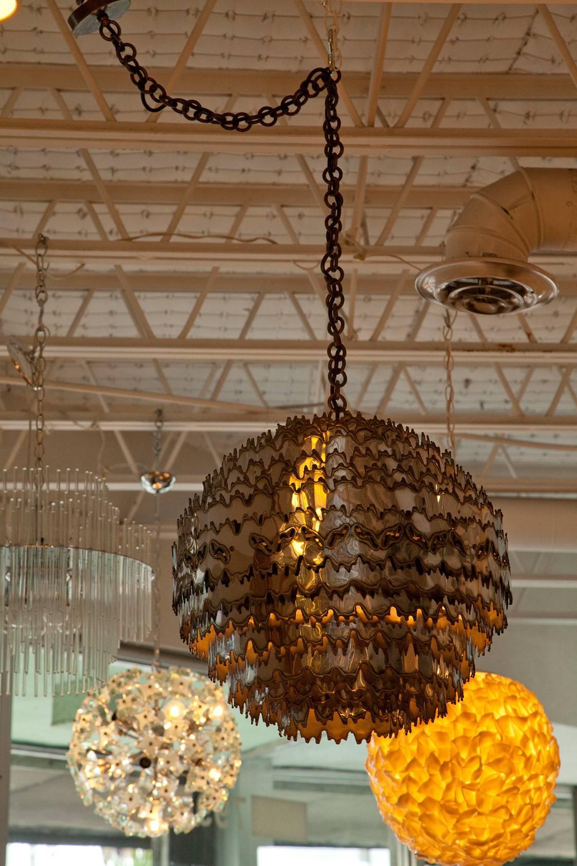 Large Torch Cut Chrome Brutalist Orb Pendant by Tom Greene for Feldman Lighting In Good Condition In North Miami, FL