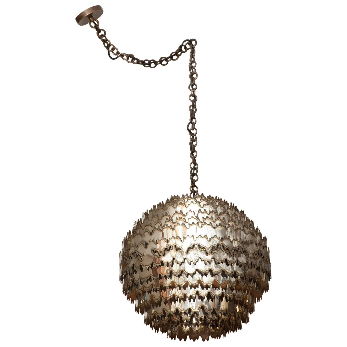 Large Torch Cut Chrome Brutalist Orb Pendant by Tom Greene for Feldman Lighting