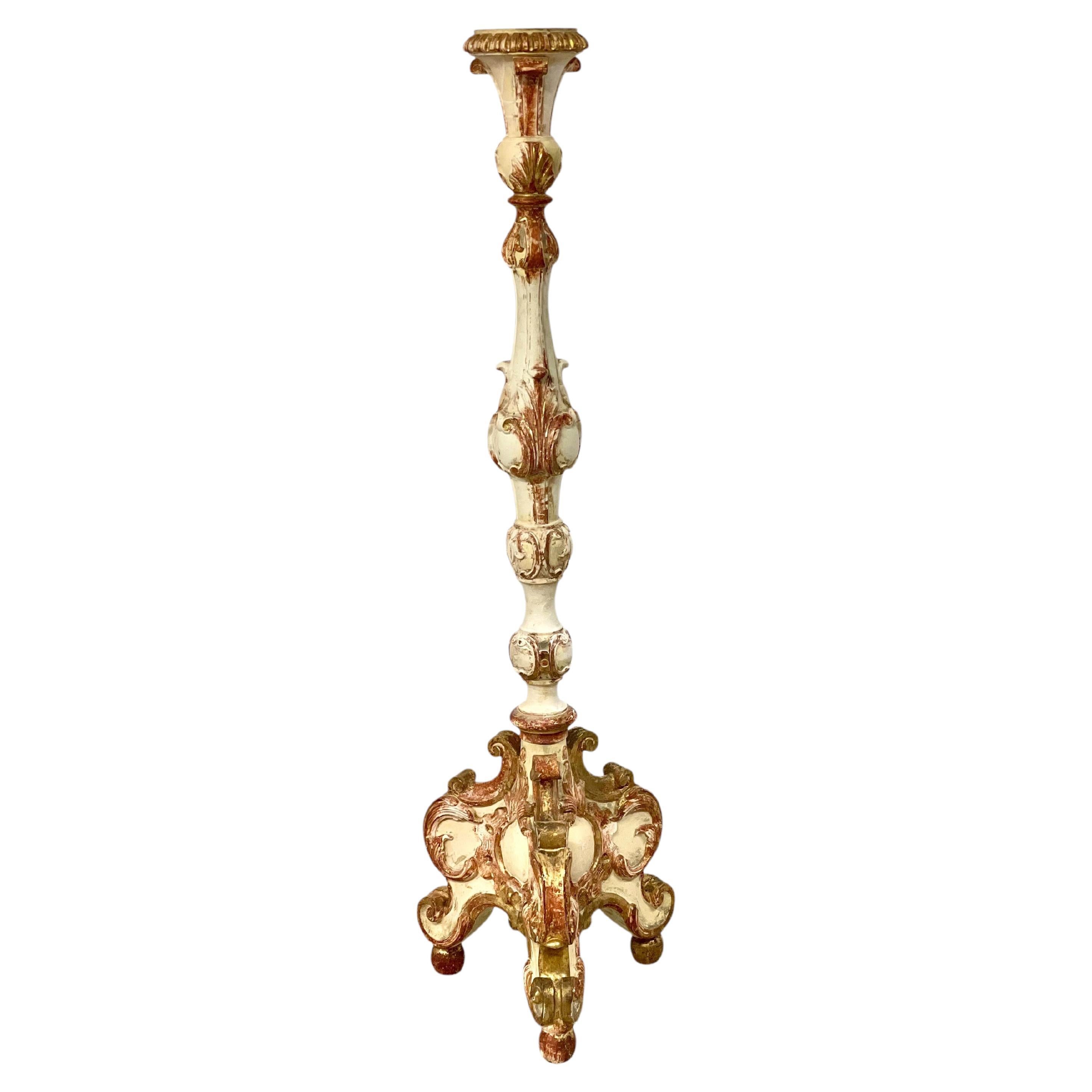 Large Polychrome and Giltwood Torchère / Floor Candle Holder, 19th Century