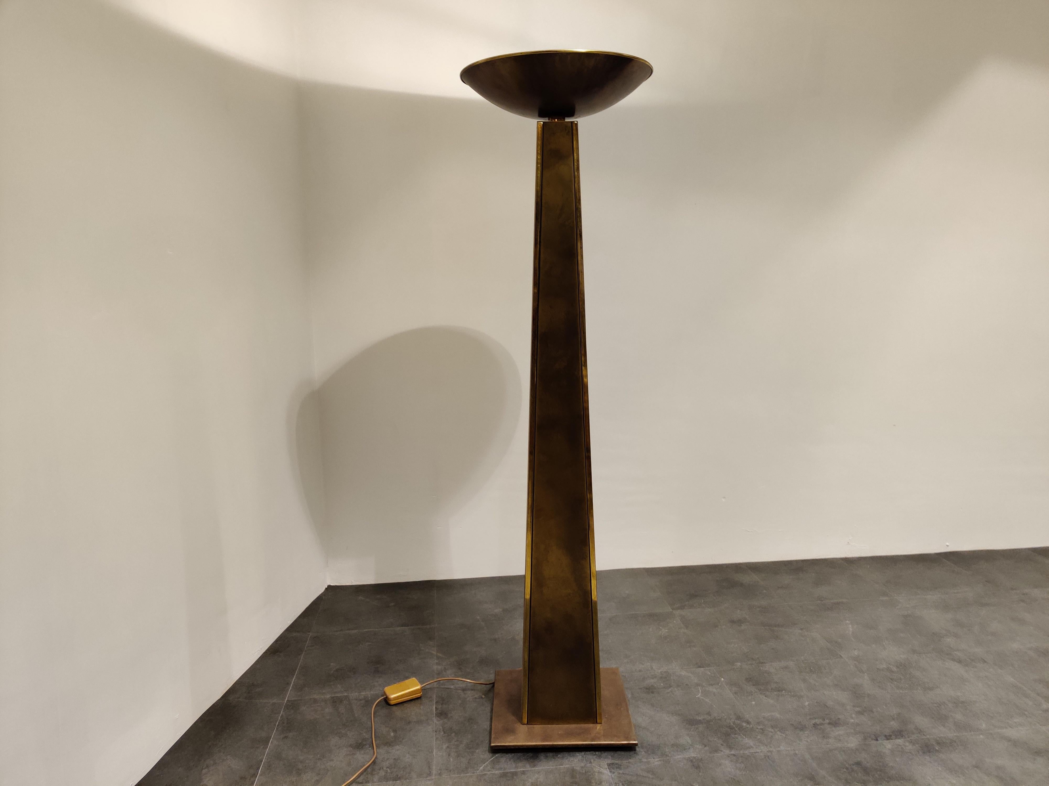 Large conical 'torchiere' floor lamp made from brass.

This uplighter floor lamp is dimmable.

Tested and ready to be used.

Beautiful statement piece.

Produced by Belgochrom in the late seventies, early eighties.

Measures: Height