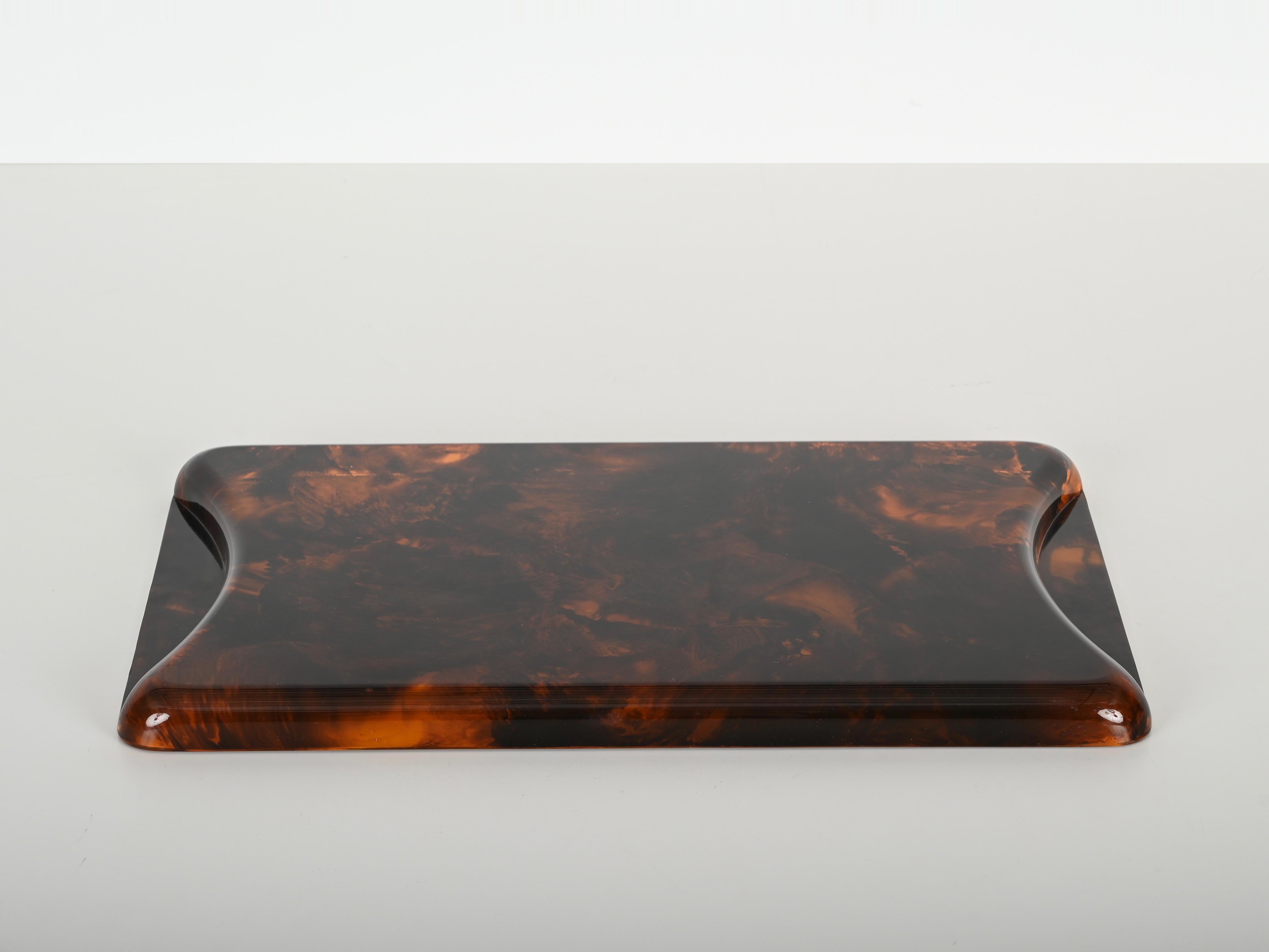 Large Tortoiseshell Effect Lucite and Brass Serving Tray by Guzzini, Italy 1970 For Sale 4