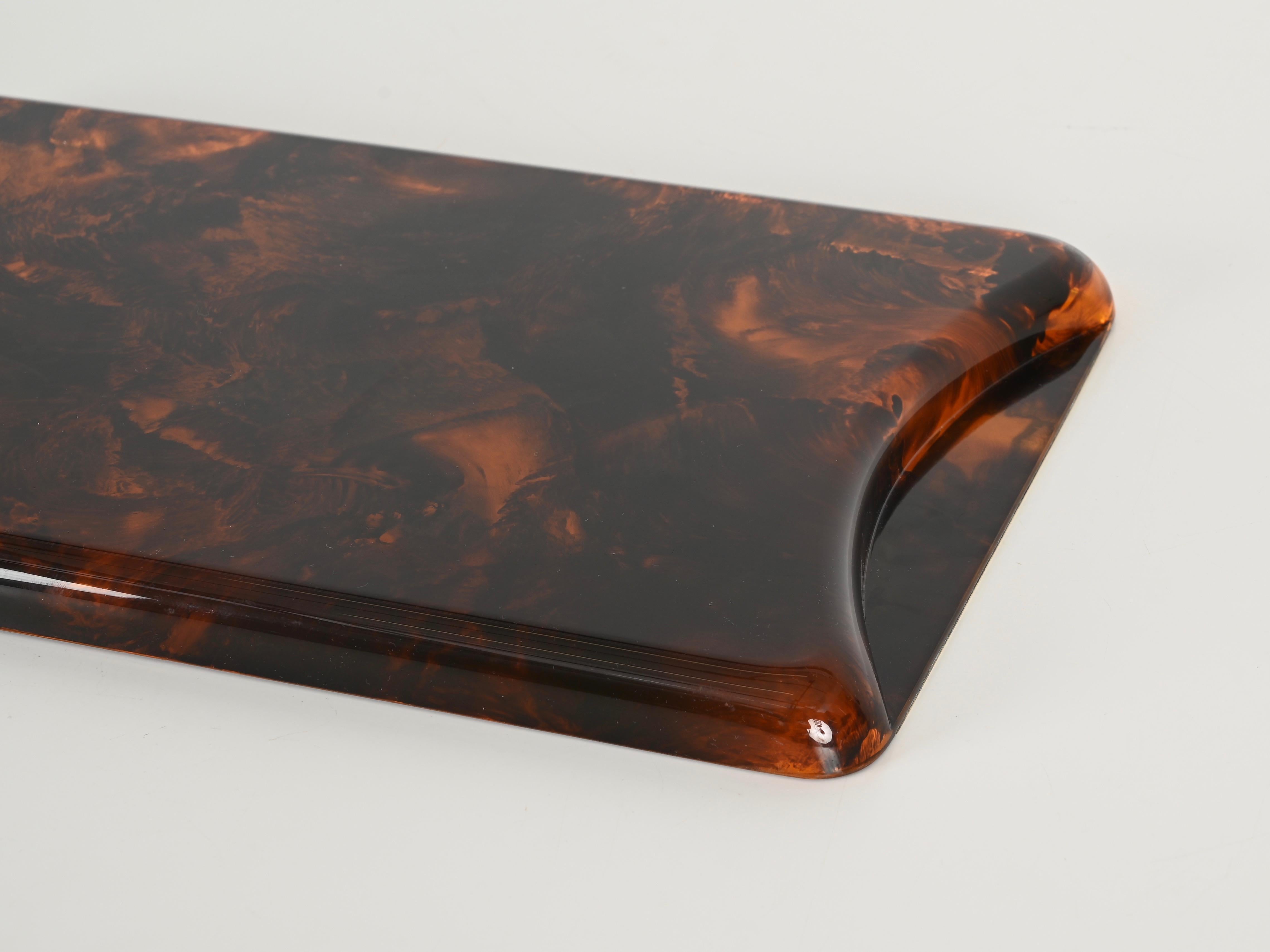 Large Tortoiseshell Effect Lucite and Brass Serving Tray by Guzzini, Italy 1970 For Sale 5