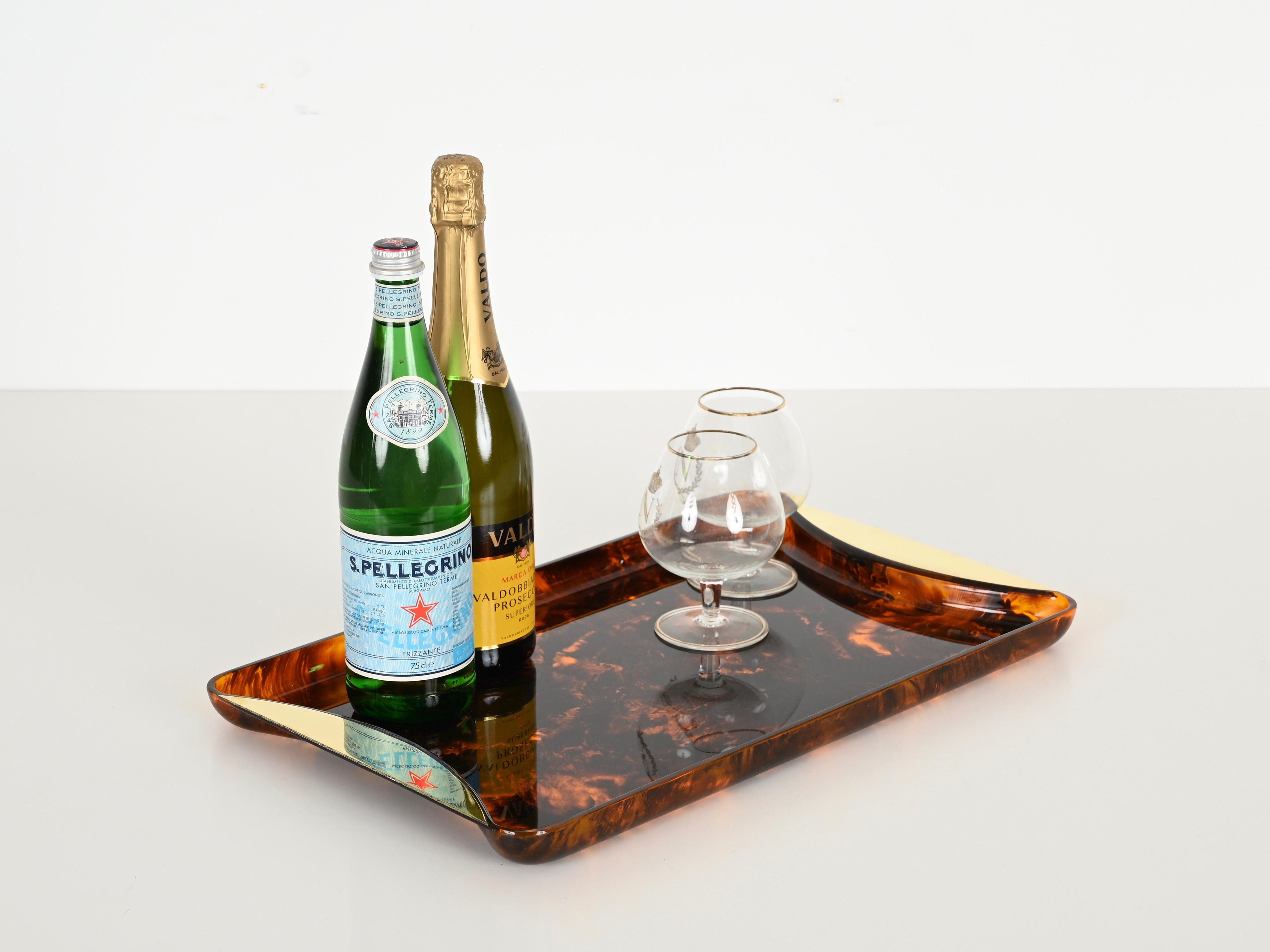 Large Tortoiseshell Effect Lucite and Brass Serving Tray by Guzzini, Italy 1970 For Sale 6