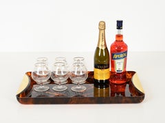 Grand plateau de service en lucite et laiton effet écaille de tortue, Guzzini, Italie, 1970