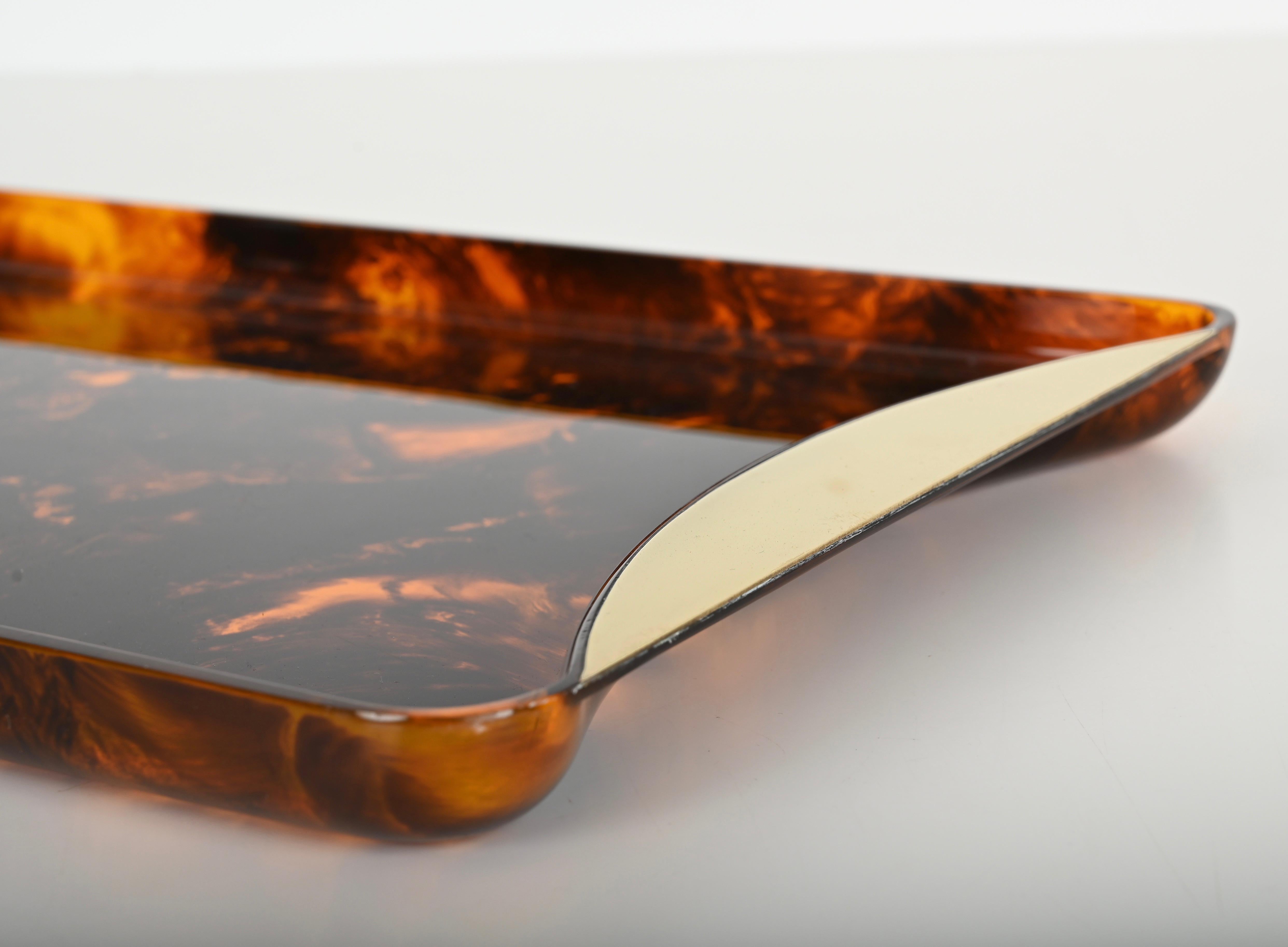 Metal Large Tortoiseshell Effect Lucite and Brass Serving Tray by Guzzini, Italy 1970 For Sale