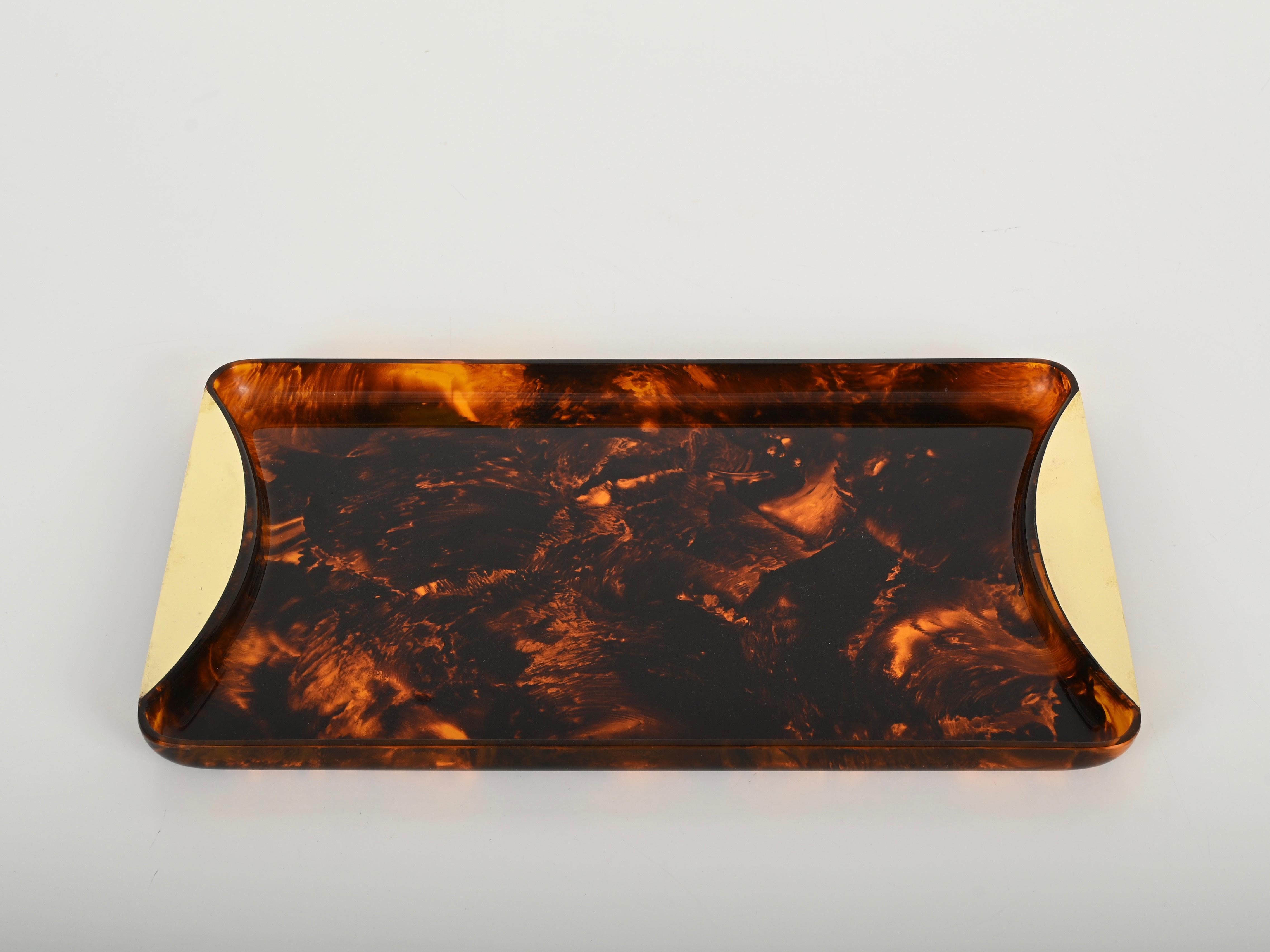 Large Tortoiseshell Effect Lucite and Brass Serving Tray by Guzzini, Italy 1970 For Sale 1