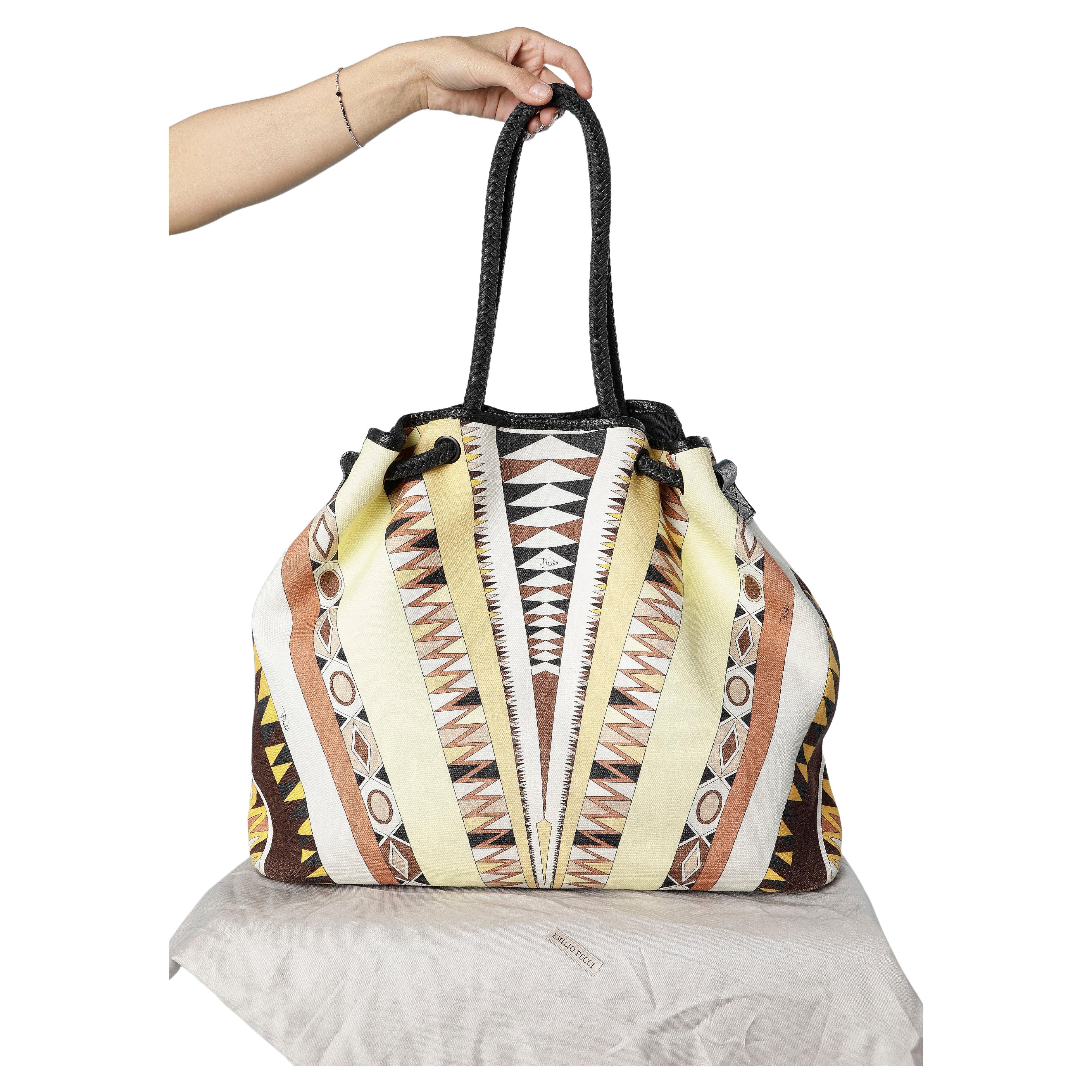 Large tote back in printed cotton canevas with leather details Emilio Pucci  For Sale at 1stDibs