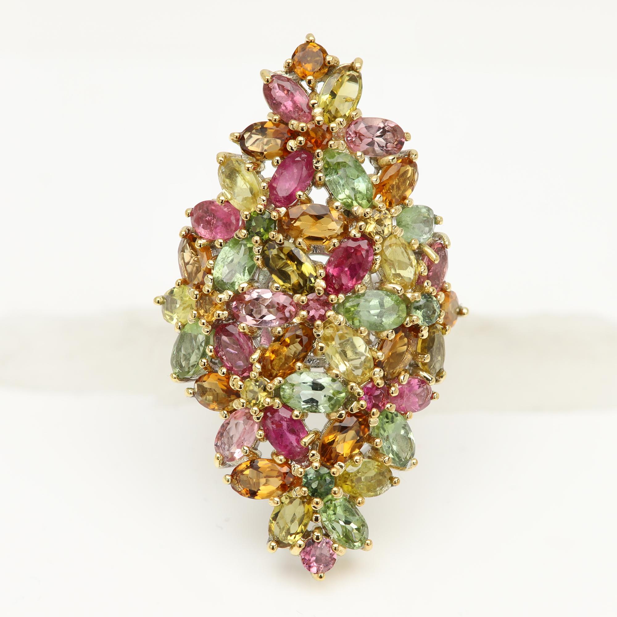 Oval Cut Large Tourmaline Cluster Ring Natural Multi Color Gemstones 18 CT For Sale