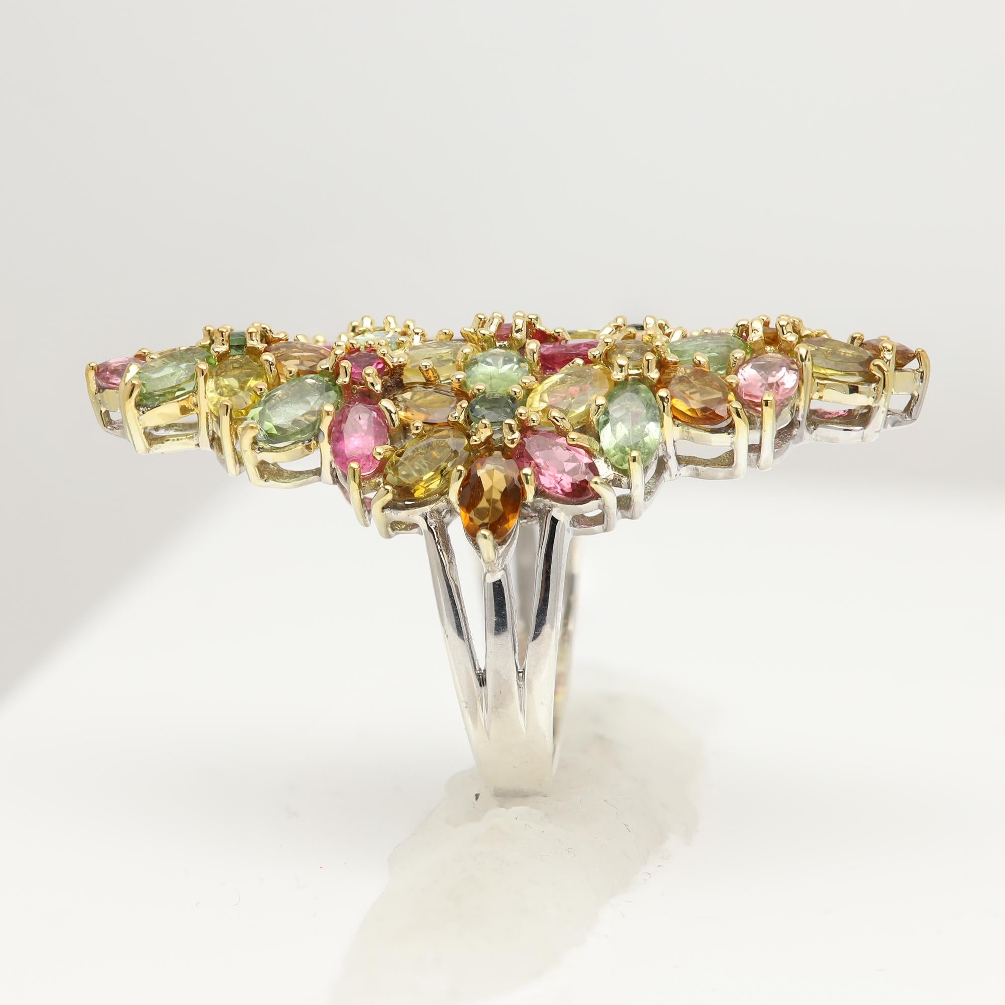 Large Tourmaline Cluster Ring Natural Multi Color Gemstones 18 CT In New Condition For Sale In Brooklyn, NY
