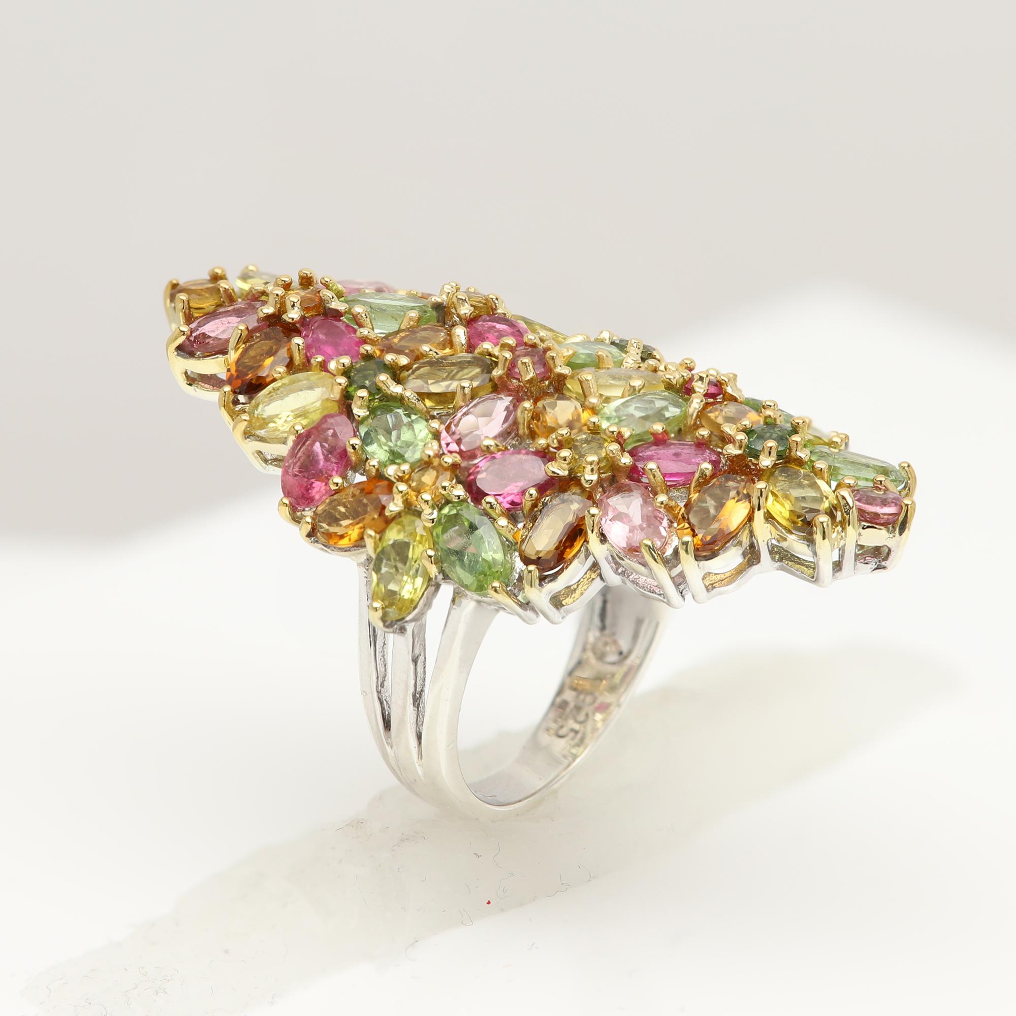 Women's Large Tourmaline Cluster Ring Natural Multi Color Gemstones 18 CT For Sale