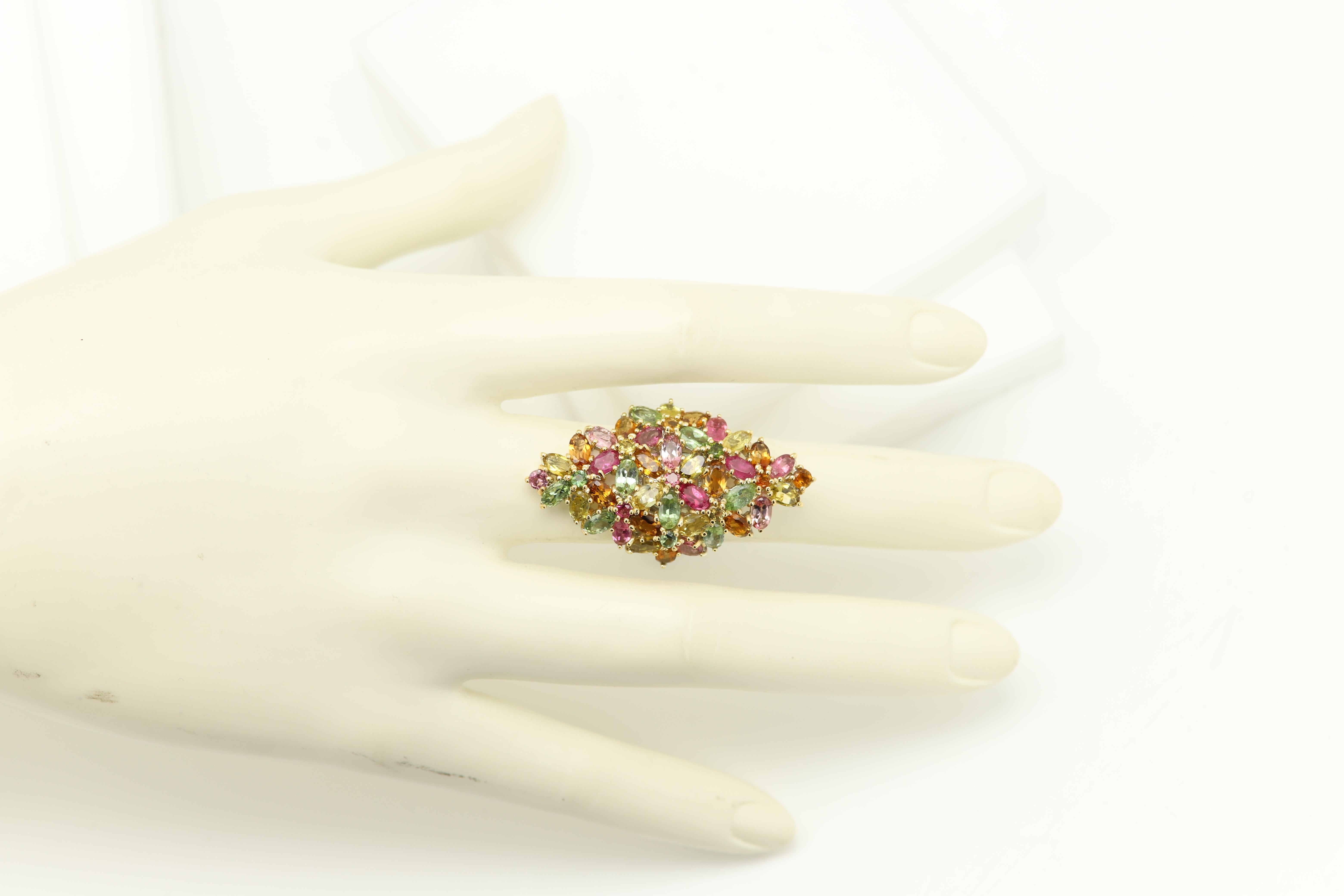 Large Tourmaline Cluster Ring Natural Multi Color Gemstones 18 CT For Sale 1