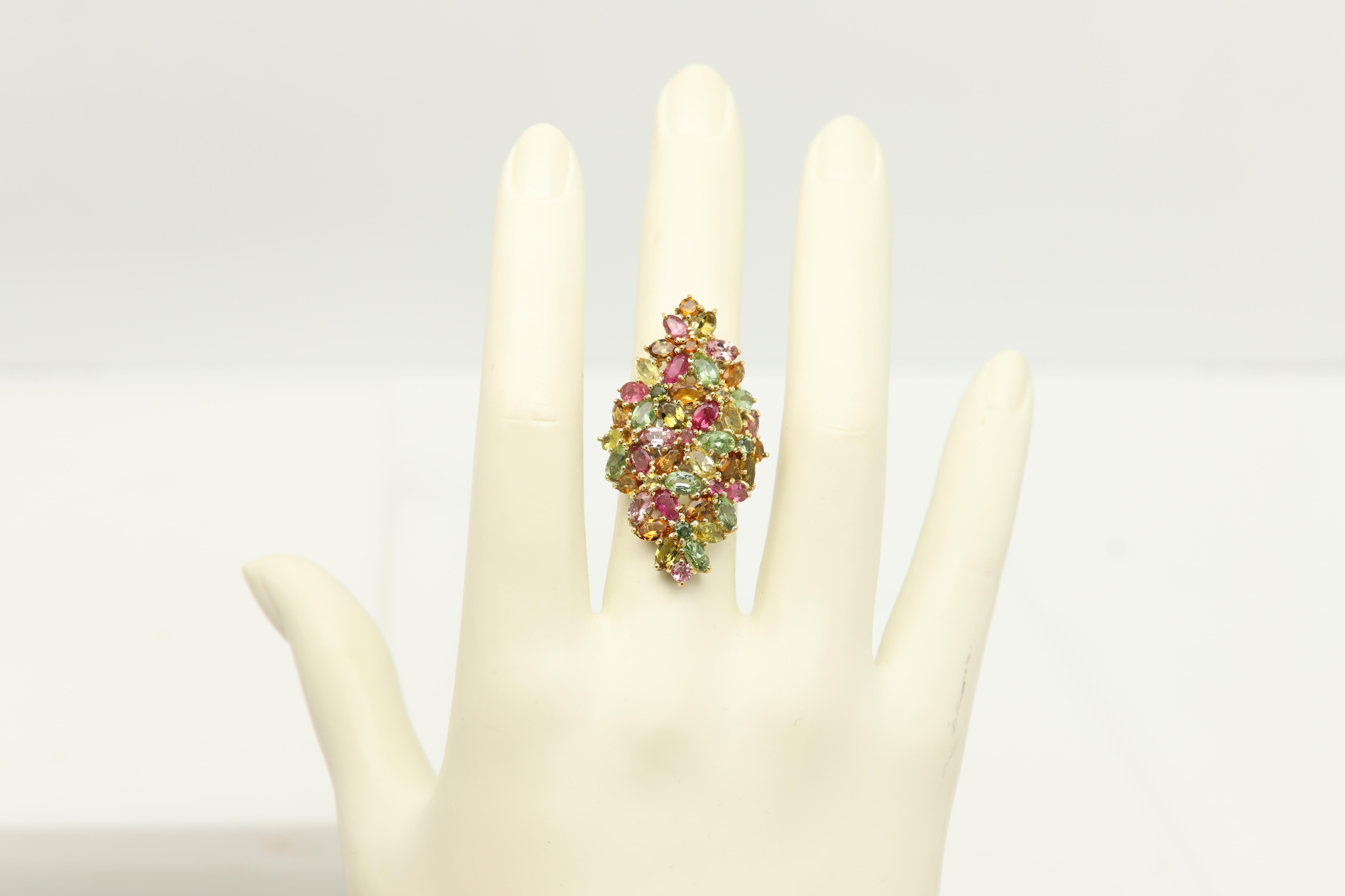 Large Tourmaline Cluster Ring Natural Multi Color Gemstones 18 CT For Sale 2