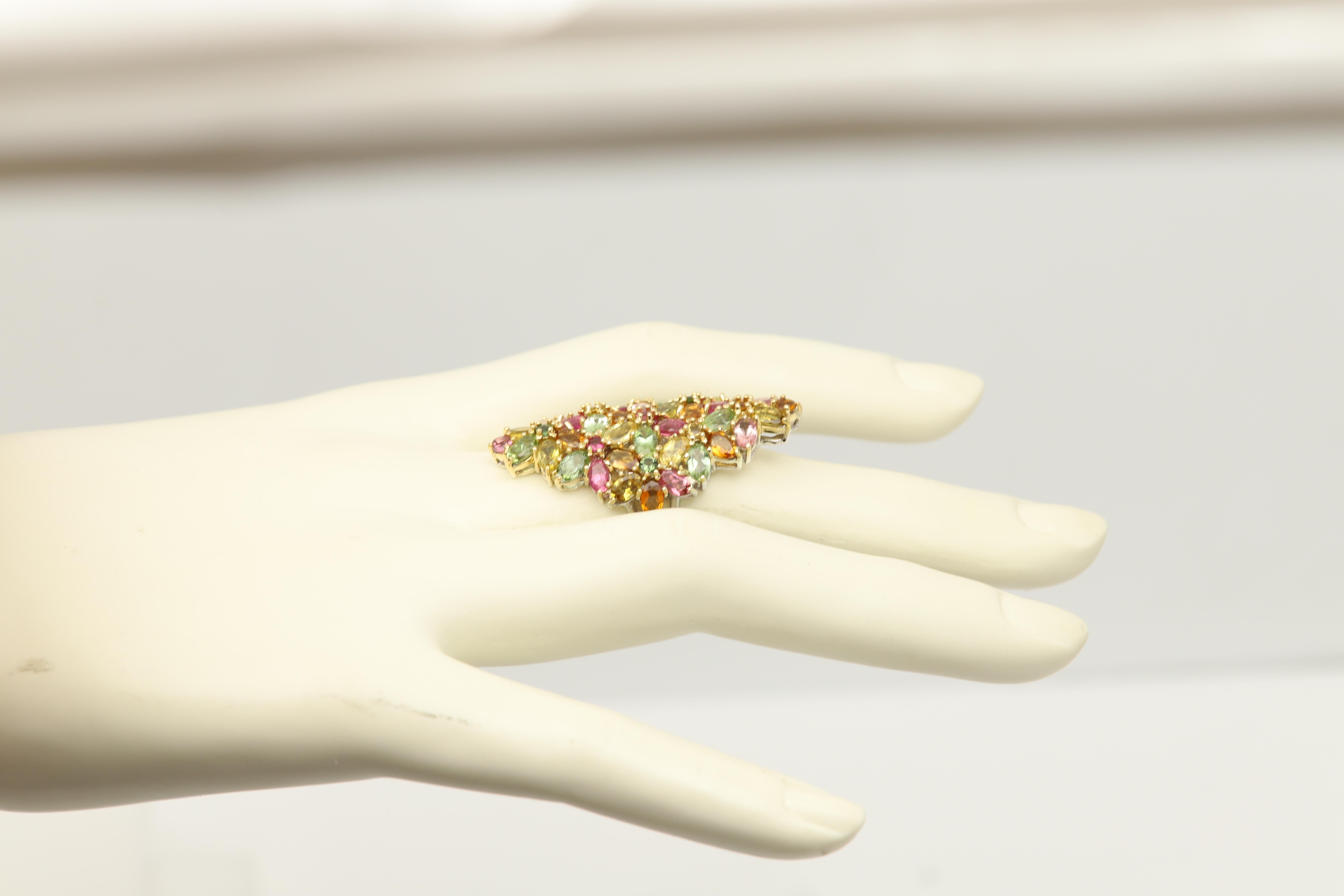 Large Tourmaline Cluster Ring Natural Multi Color Gemstones 18 CT For Sale 3