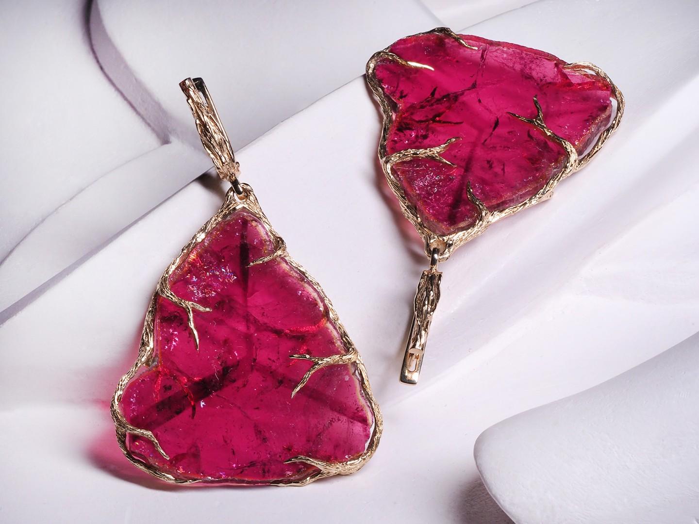 Large Tourmaline Gold Earrings Fuchsia Pink Gemstone Crystal Art Deco Jewelry 1