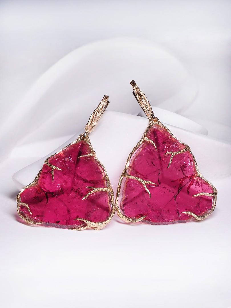 Large Tourmaline Gold Earrings Fuchsia Pink Gemstone Crystal Art Deco Jewelry 2