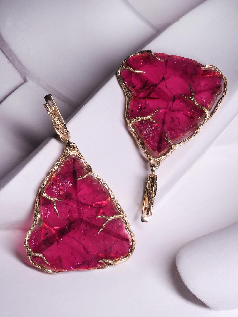 Large Tourmaline Gold Earrings Fuchsia Pink Gemstone Crystal Art Deco Jewelry 3