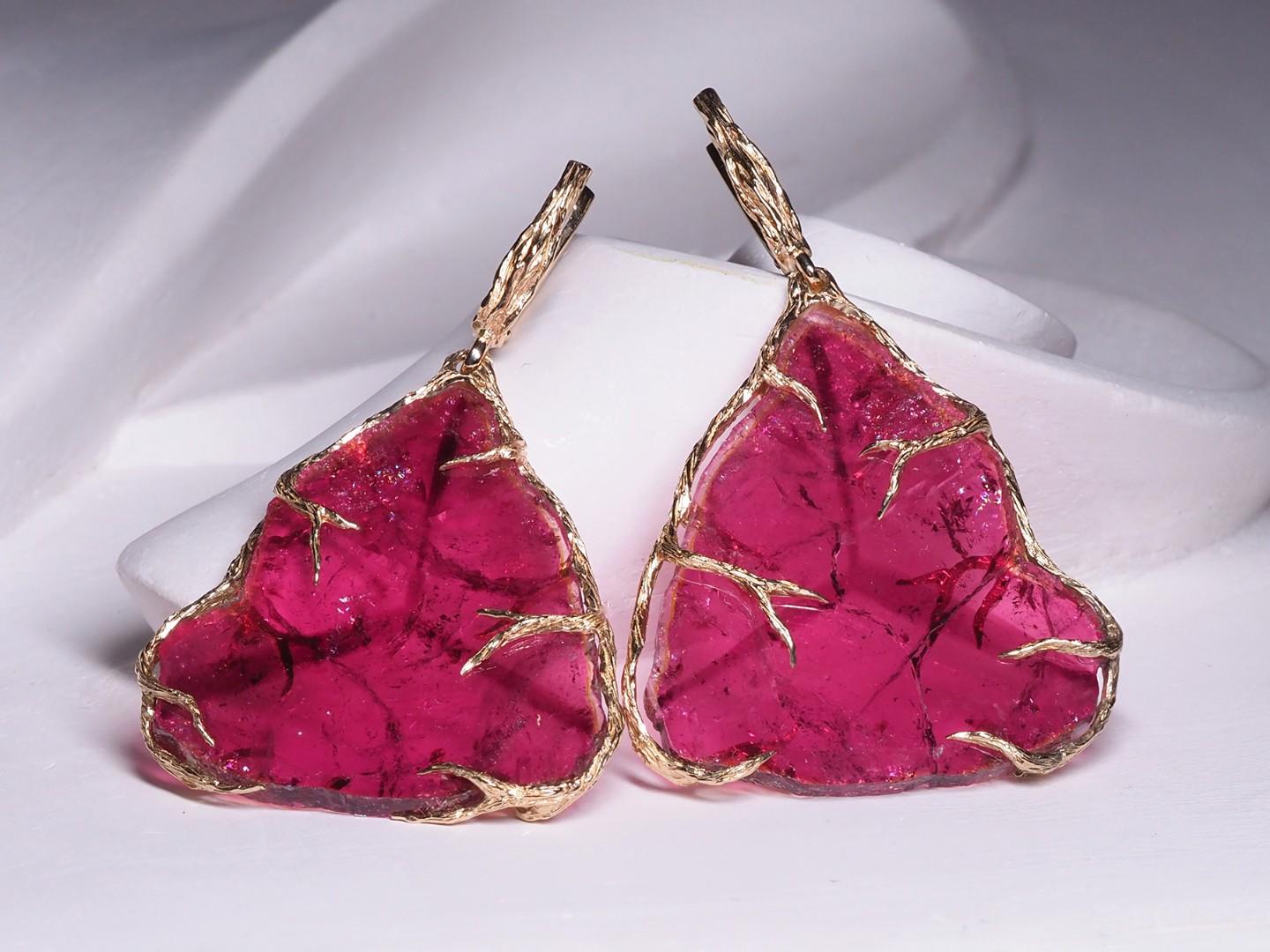 Large Tourmaline Gold Earrings Fuchsia Pink Gemstone Crystal Art Deco Jewelry 4