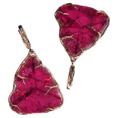 Large Tourmaline Gold Earrings Fuchsia Pink Gemstone Crystal Art Deco Jewelry