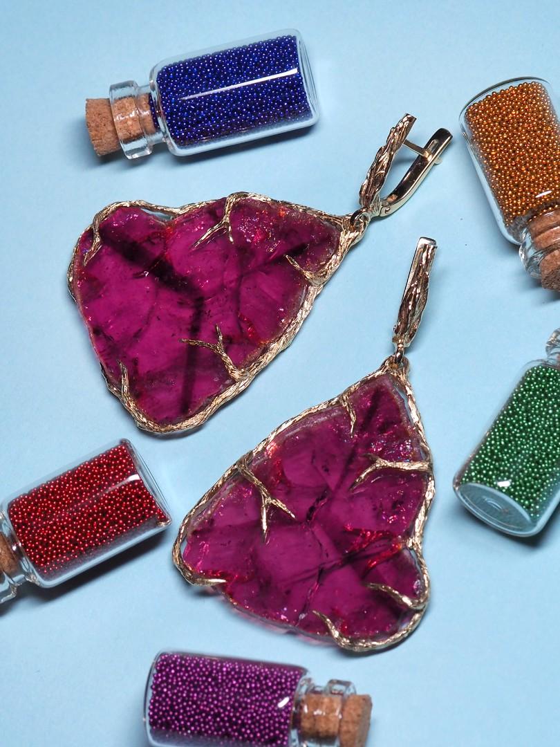 Artisan Large Tourmaline Gold Earrings Fuchsia Pink Gemstone Crystal Art Deco Jewelry
